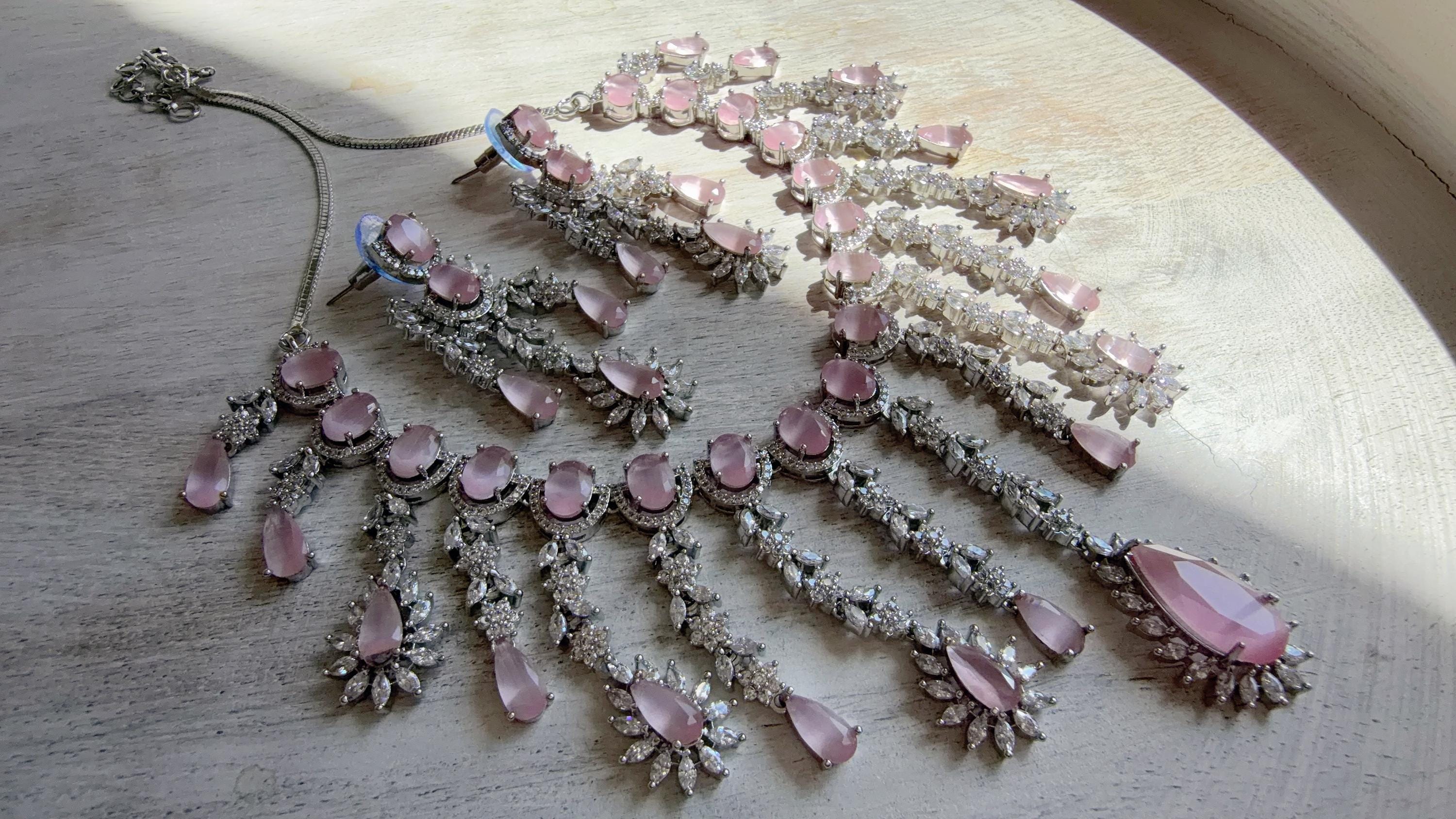 Baby Pink CZ Statement Necklace Set | Silver Tone Indian Bridal Jewelry | Wedding & Reception Necklace