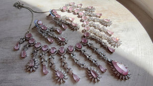 Baby Pink CZ Statement Necklace Set | Silver Tone Indian Bridal Jewelry | Wedding & Reception Necklace