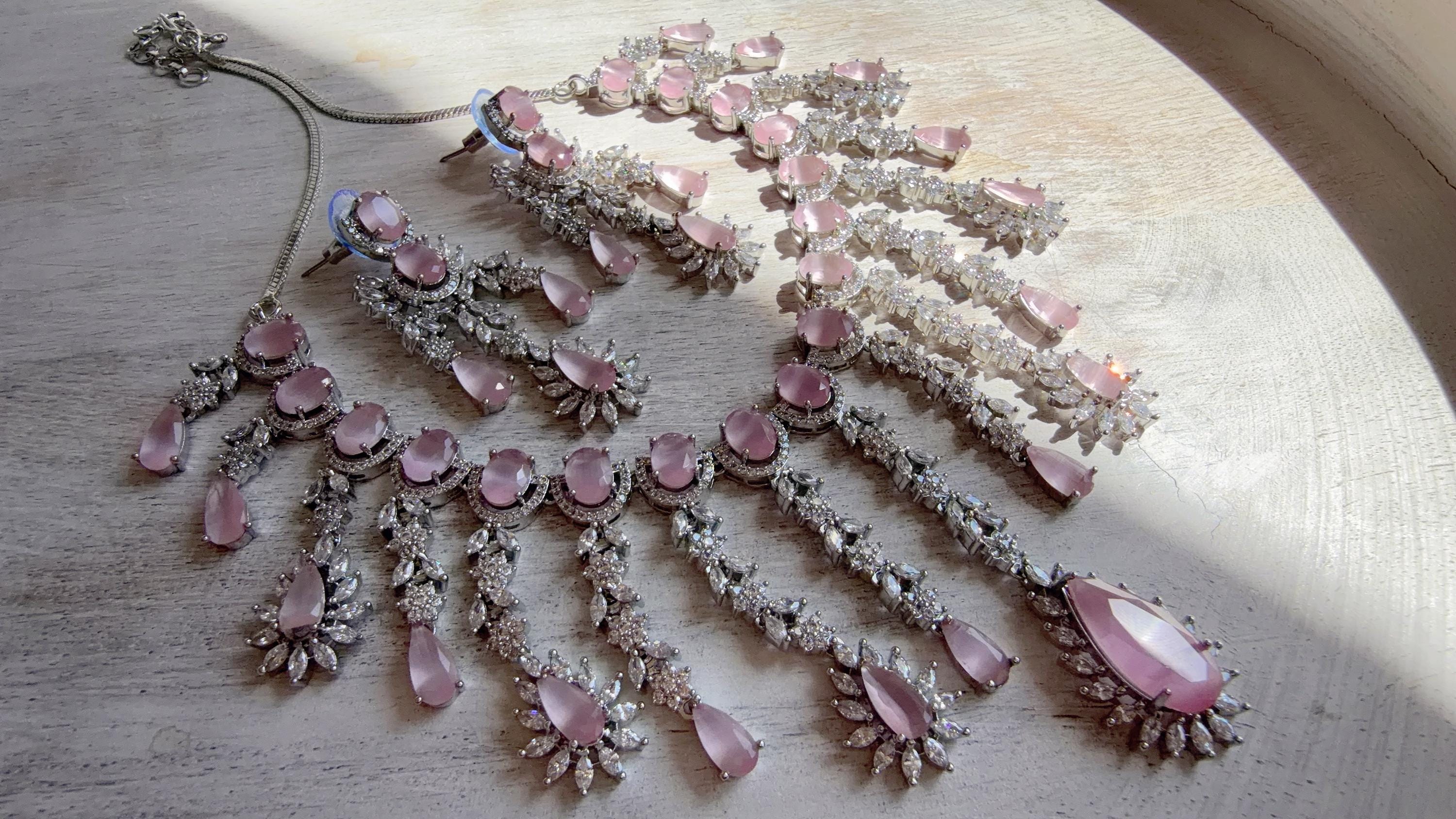 Baby Pink CZ Statement Necklace Set | Silver Tone Indian Bridal Jewelry | Wedding & Reception Necklace