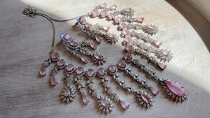 Baby Pink CZ Statement Necklace Set | Silver Tone Indian Bridal Jewelry | Wedding & Reception Necklace