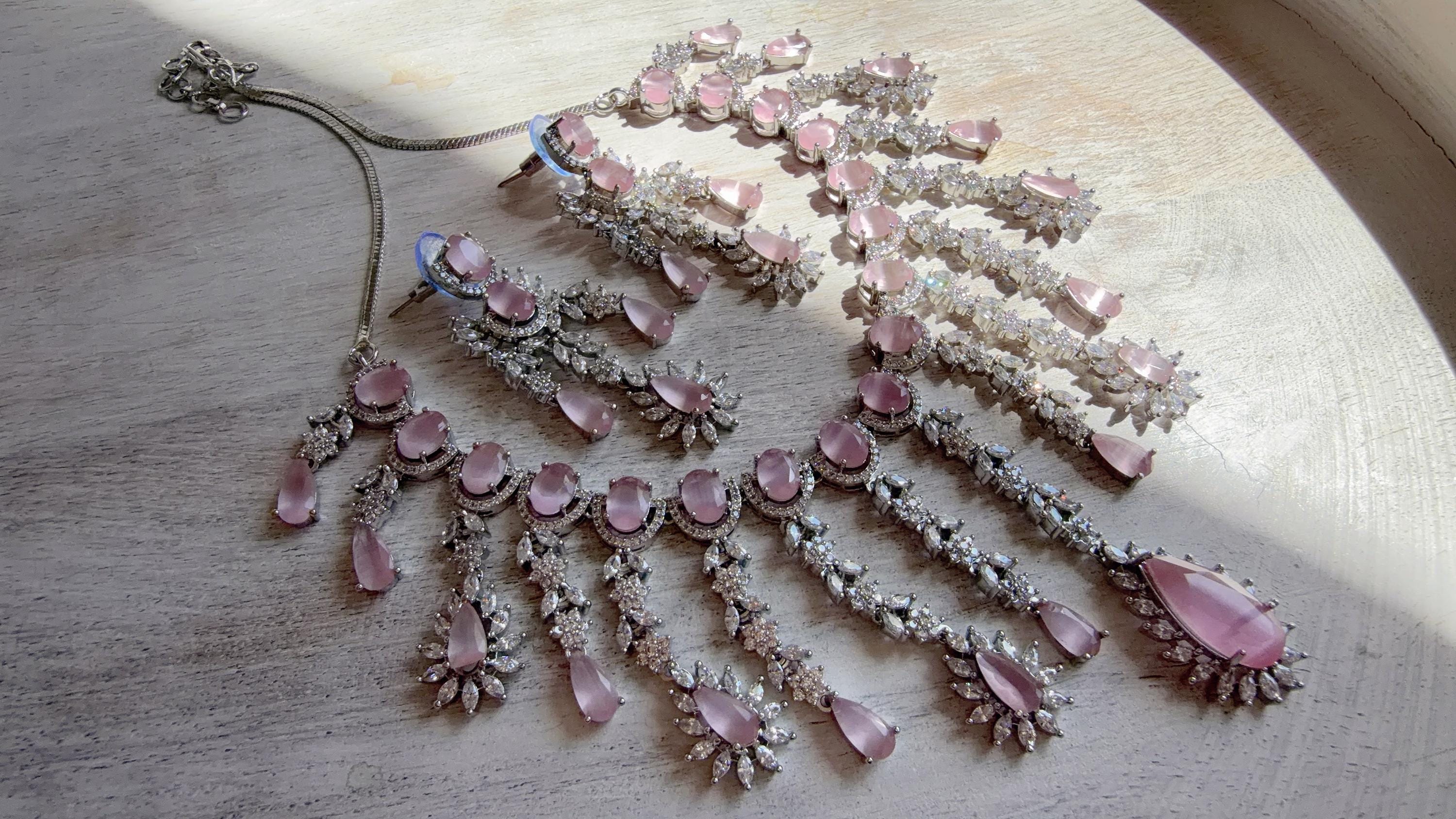 Baby Pink CZ Statement Necklace Set | Silver Tone Indian Bridal Jewelry | Wedding & Reception Necklace