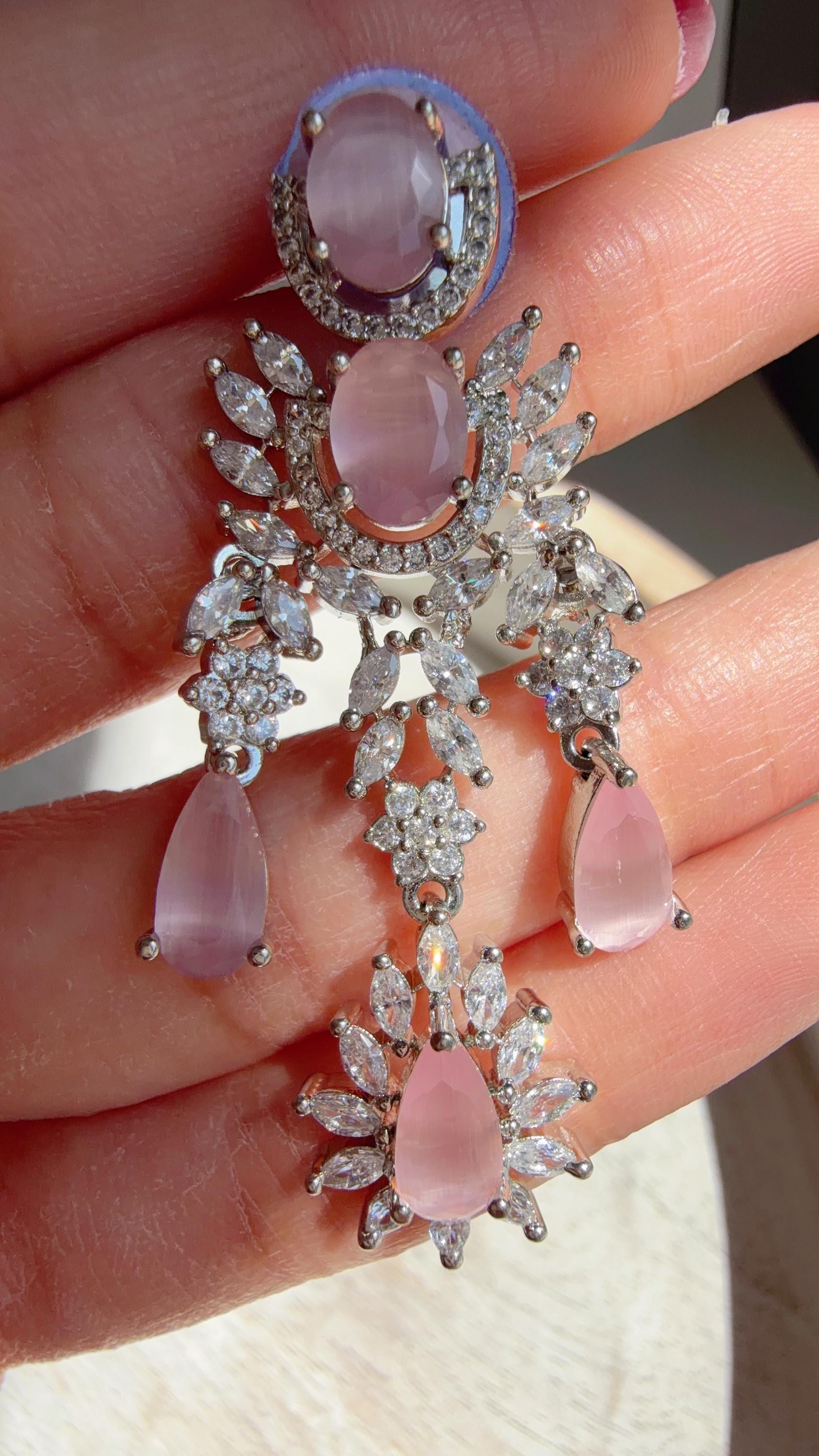 Baby Pink CZ Statement Necklace Set | Silver Tone Indian Bridal Jewelry | Wedding & Reception Necklace