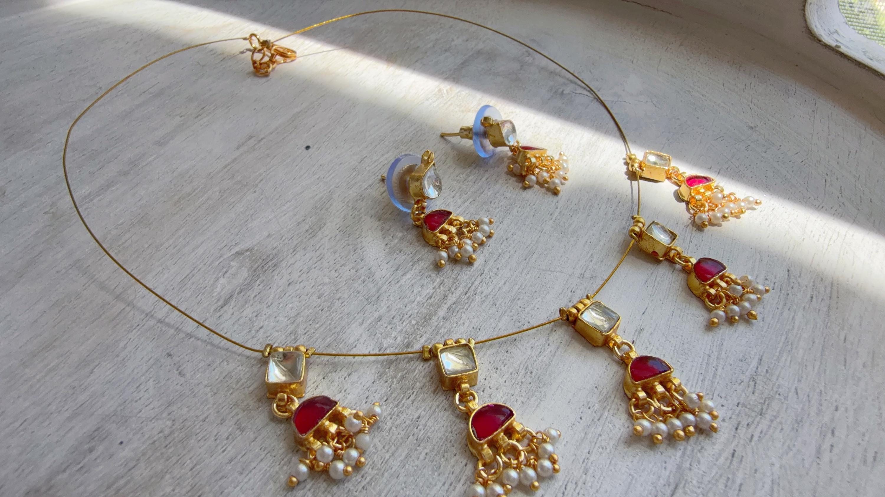 Pachi Kundan Invisible Jewelry Set | Elephant Kundan Jadau Invisible Necklace | Simple Drop Choker
