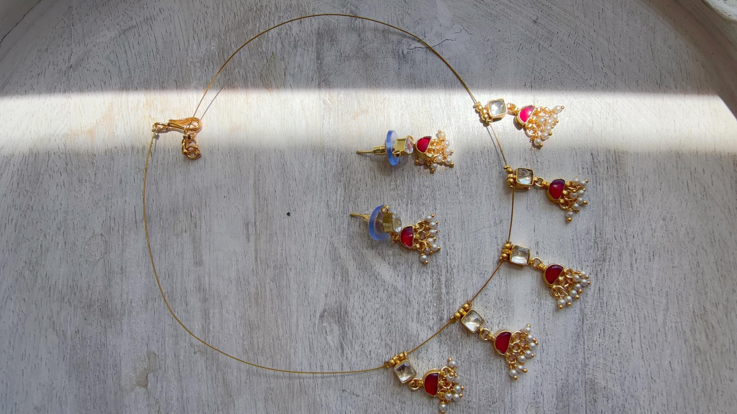 Pachi Kundan Invisible Jewelry Set | Elephant Kundan Jadau Invisible Necklace | Simple Drop Choker
