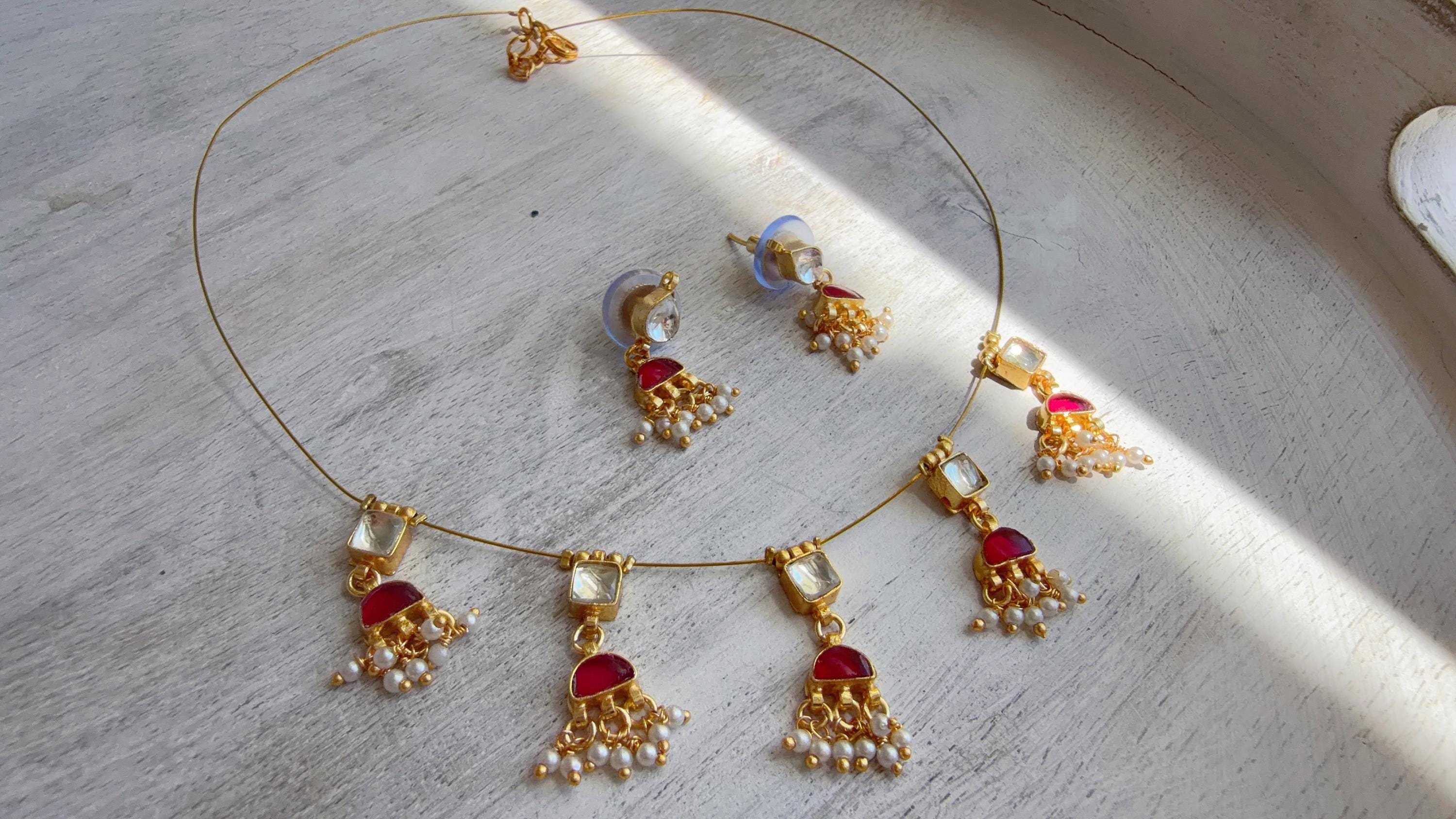 Pachi Kundan Invisible Jewelry Set | Elephant Kundan Jadau Invisible Necklace | Simple Drop Choker