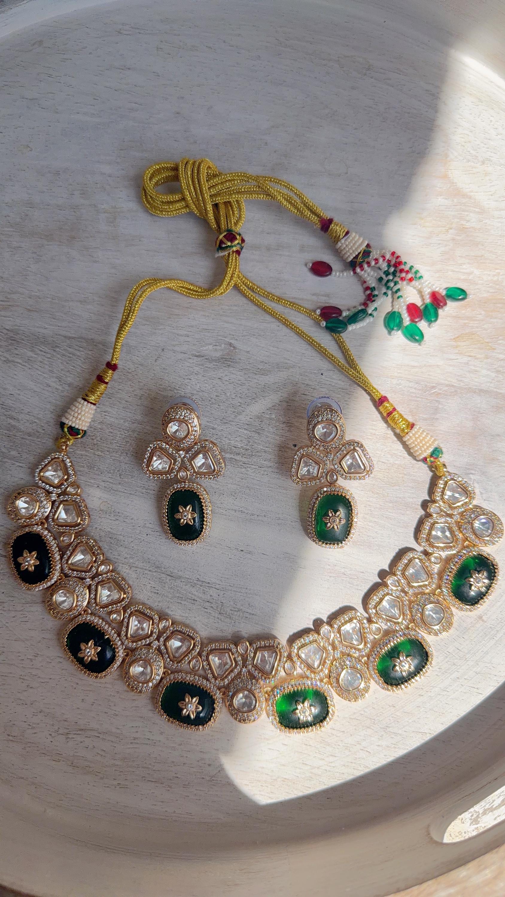 Green Kundan Polki Choker Necklace Set | Gold Finish Statement Choker with Blue Beads | Indian Bridal Jewelry