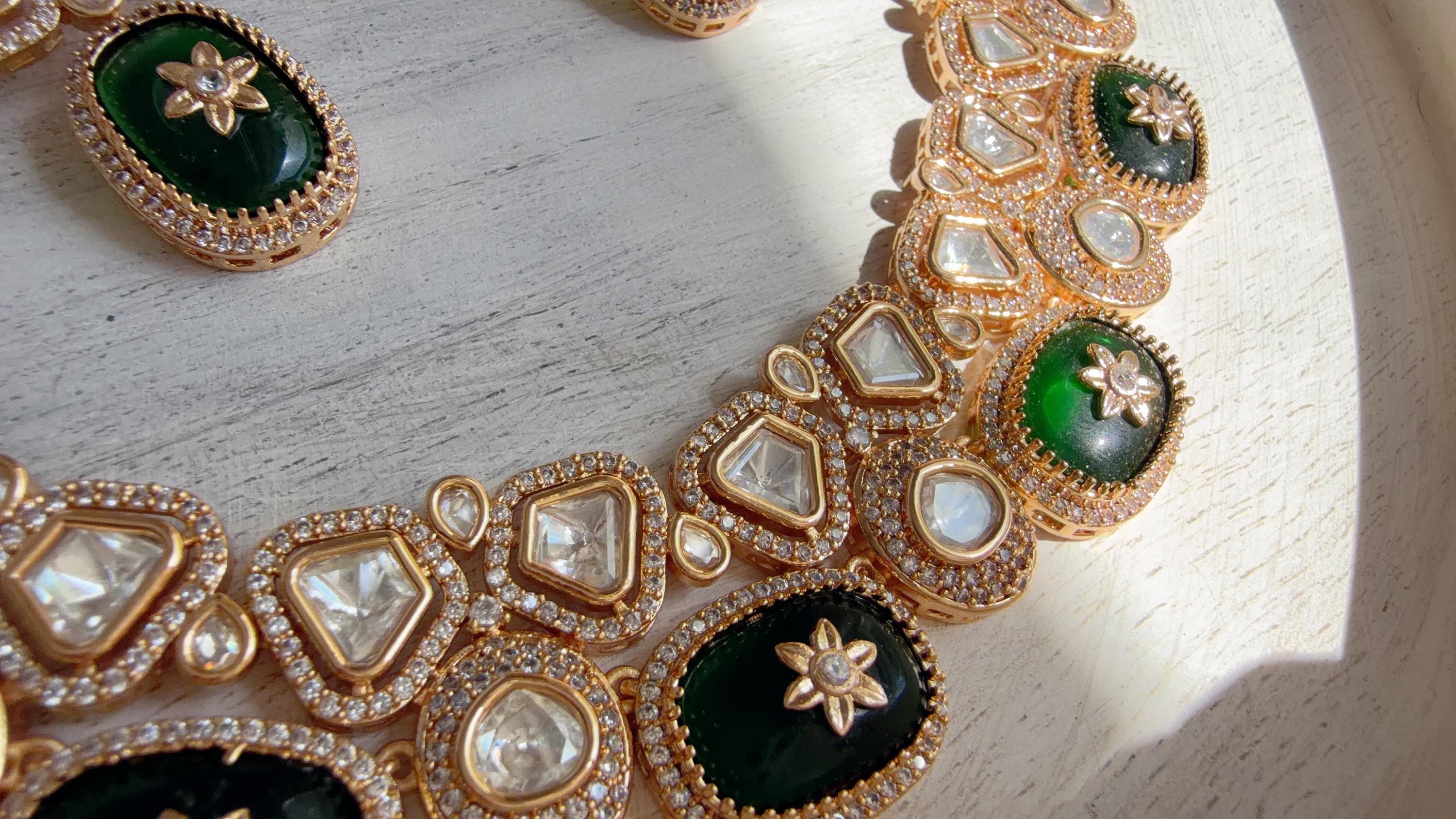 Green Kundan Polki Choker Necklace Set | Gold Finish Statement Choker with Blue Beads | Indian Bridal Jewelry