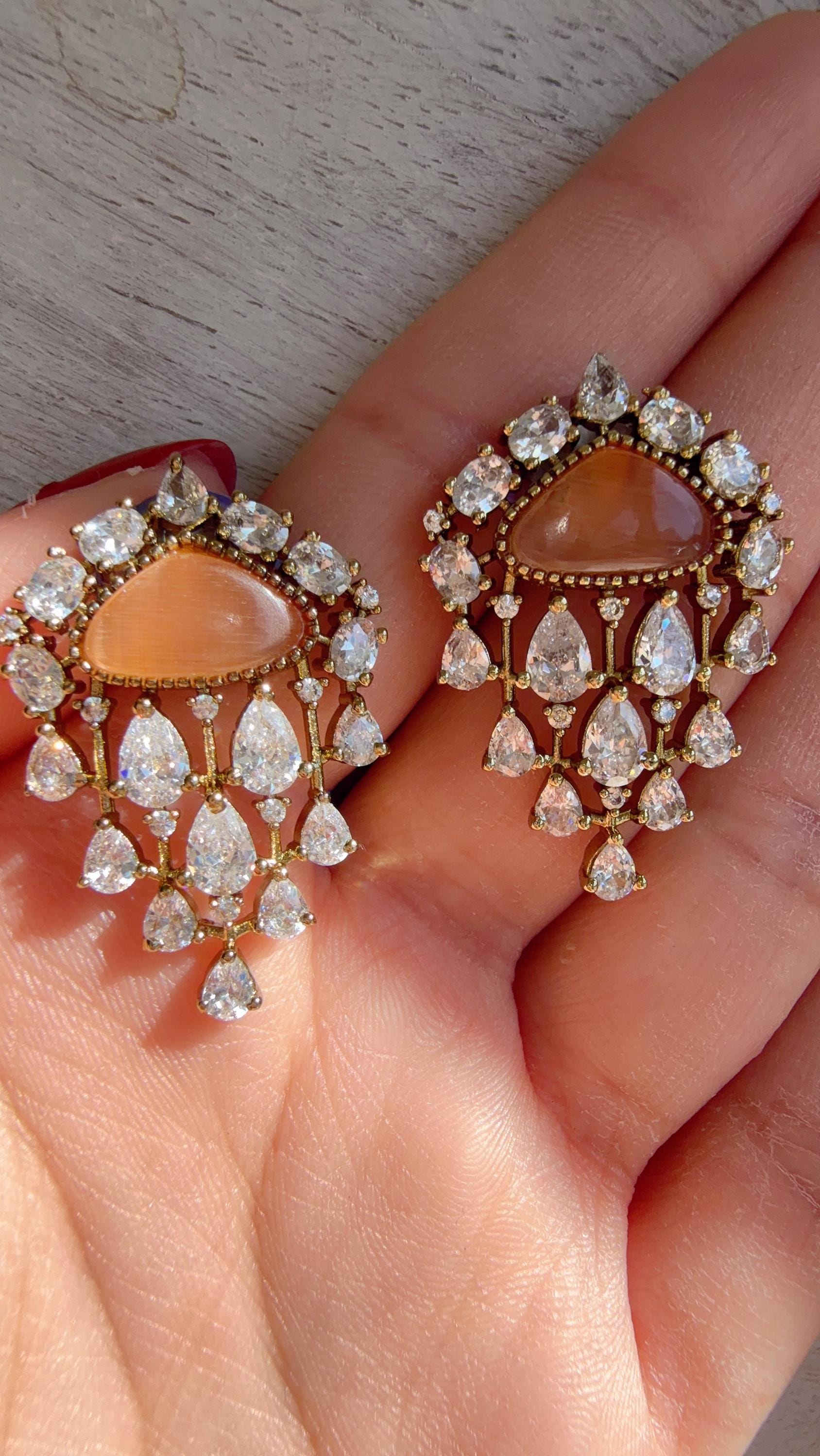 Chandelier Diamond Peach Studs/Moissanite Kundan Studs /Indian Jewelry /Statement Stud Earring/