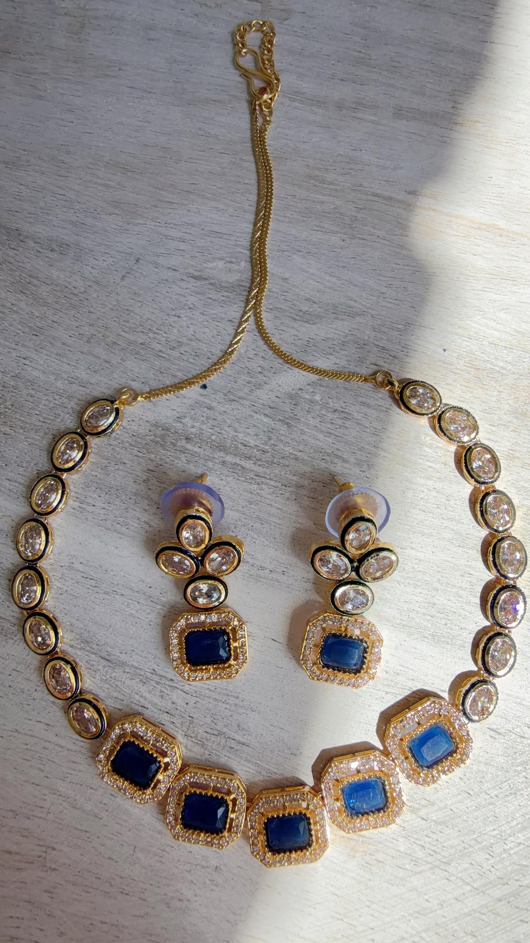 Polki Kundan Blue Necklace Set with Earrings | Indian Bridal Wedding Necklace | Traditional Polki Necklace - Mehak