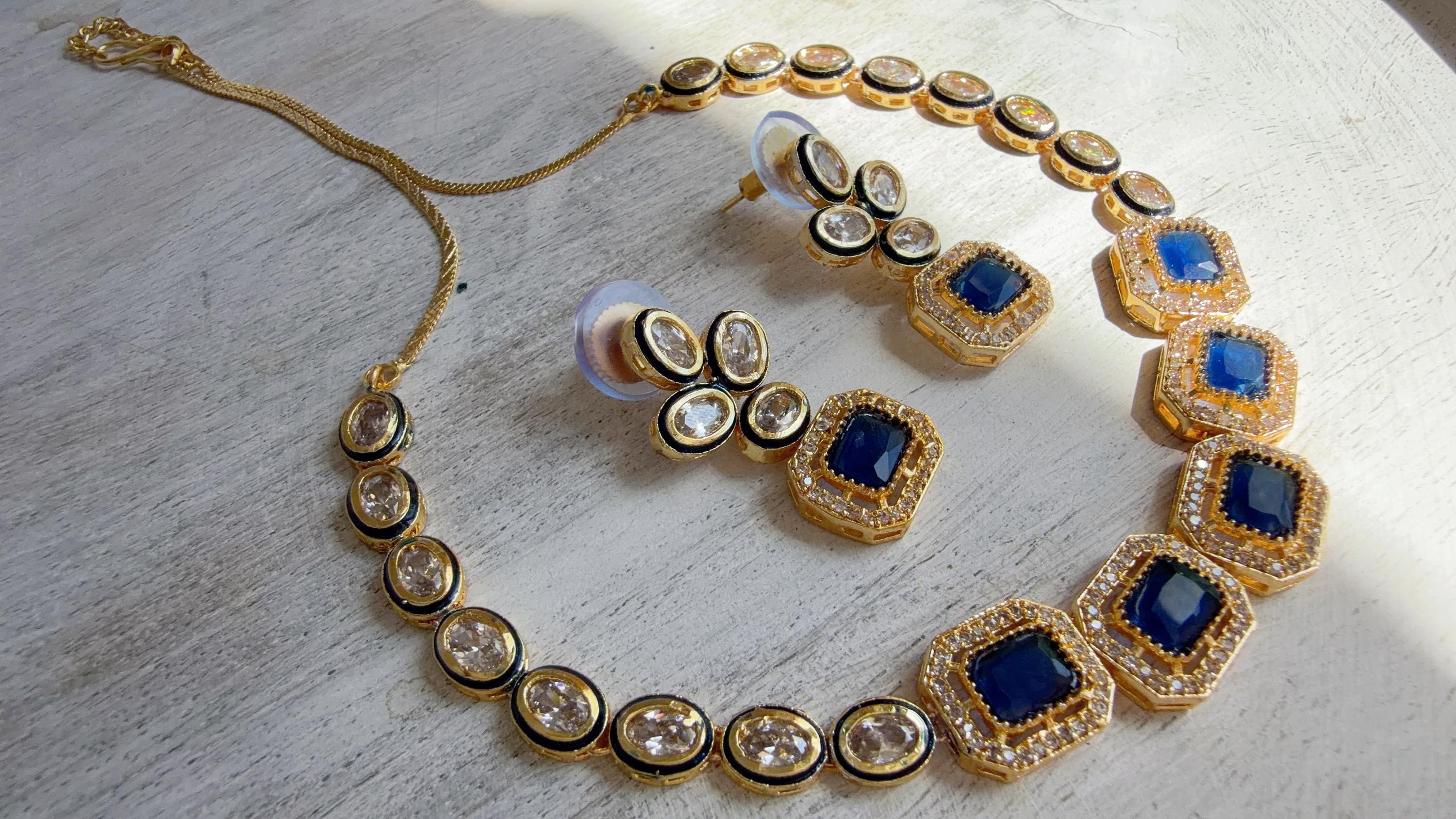 Polki Kundan Blue Necklace Set with Earrings | Indian Bridal Wedding Necklace | Traditional Polki Necklace - Mehak