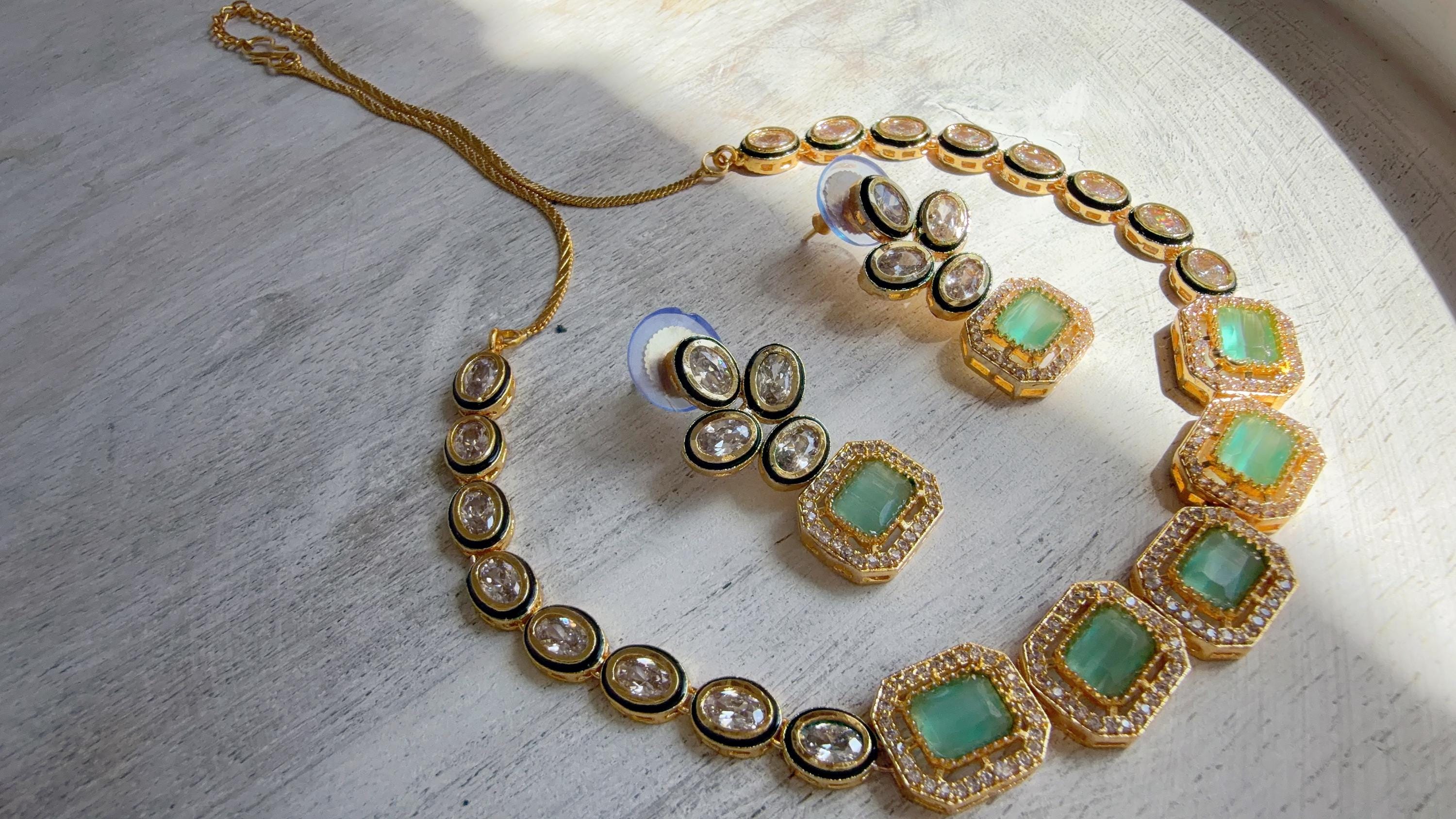 Polki Kundan Mint Necklace Set with Earrings | Indian Bridal Wedding Necklace | Traditional Polki Necklace - Mehak