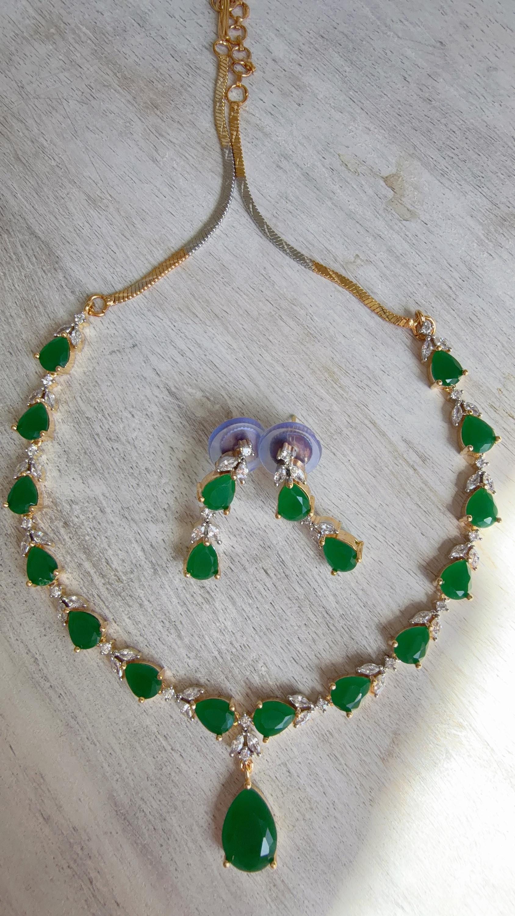 Gold Single Line Green Diamond Necklace | CZ Choker Necklace | Indian Jewelry | Modern Elegant Diamond Necklace | Bridal Party Wear - Shelly