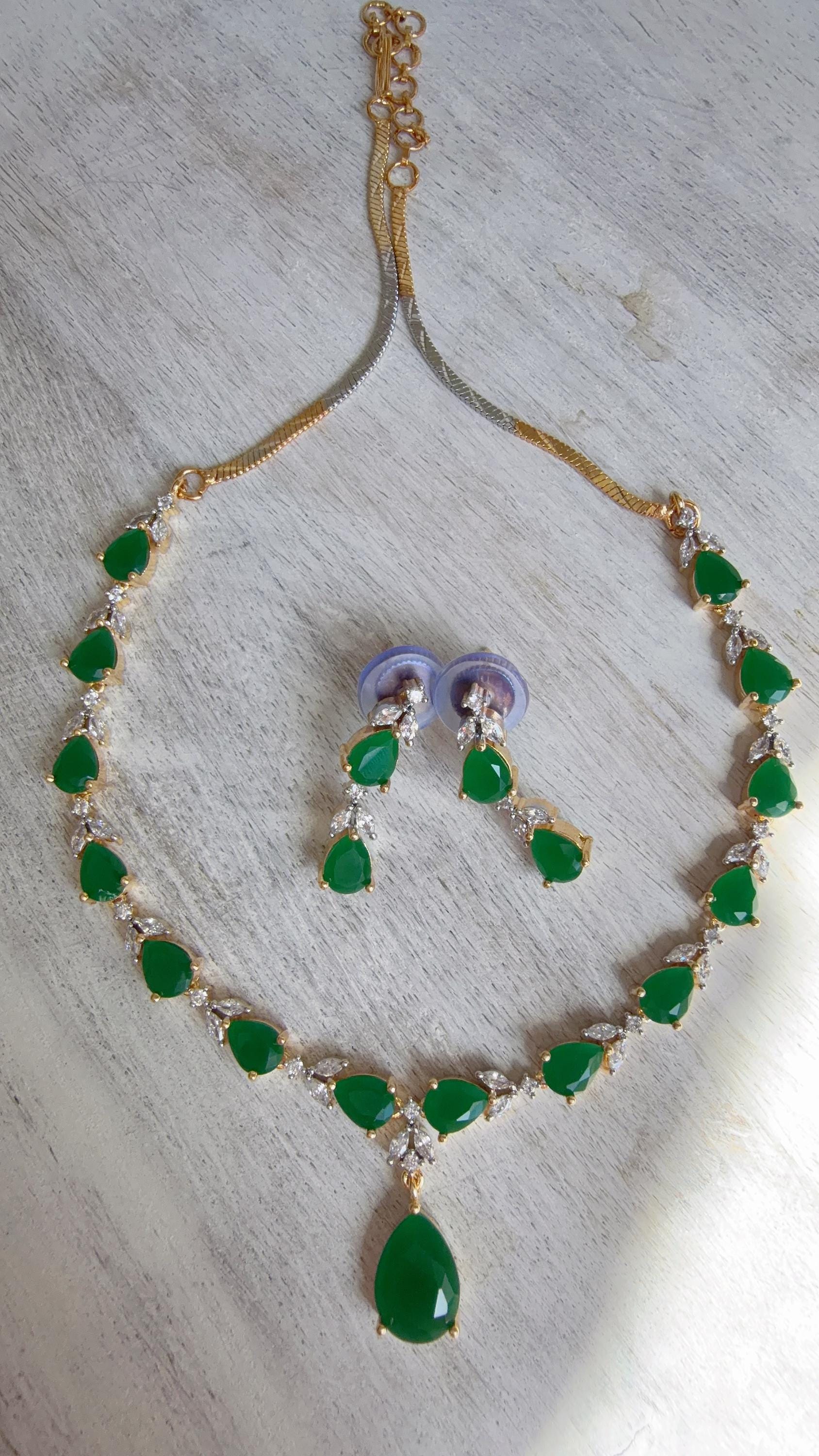 Gold Single Line Green Diamond Necklace | CZ Choker Necklace | Indian Jewelry | Modern Elegant Diamond Necklace | Bridal Party Wear - Shelly