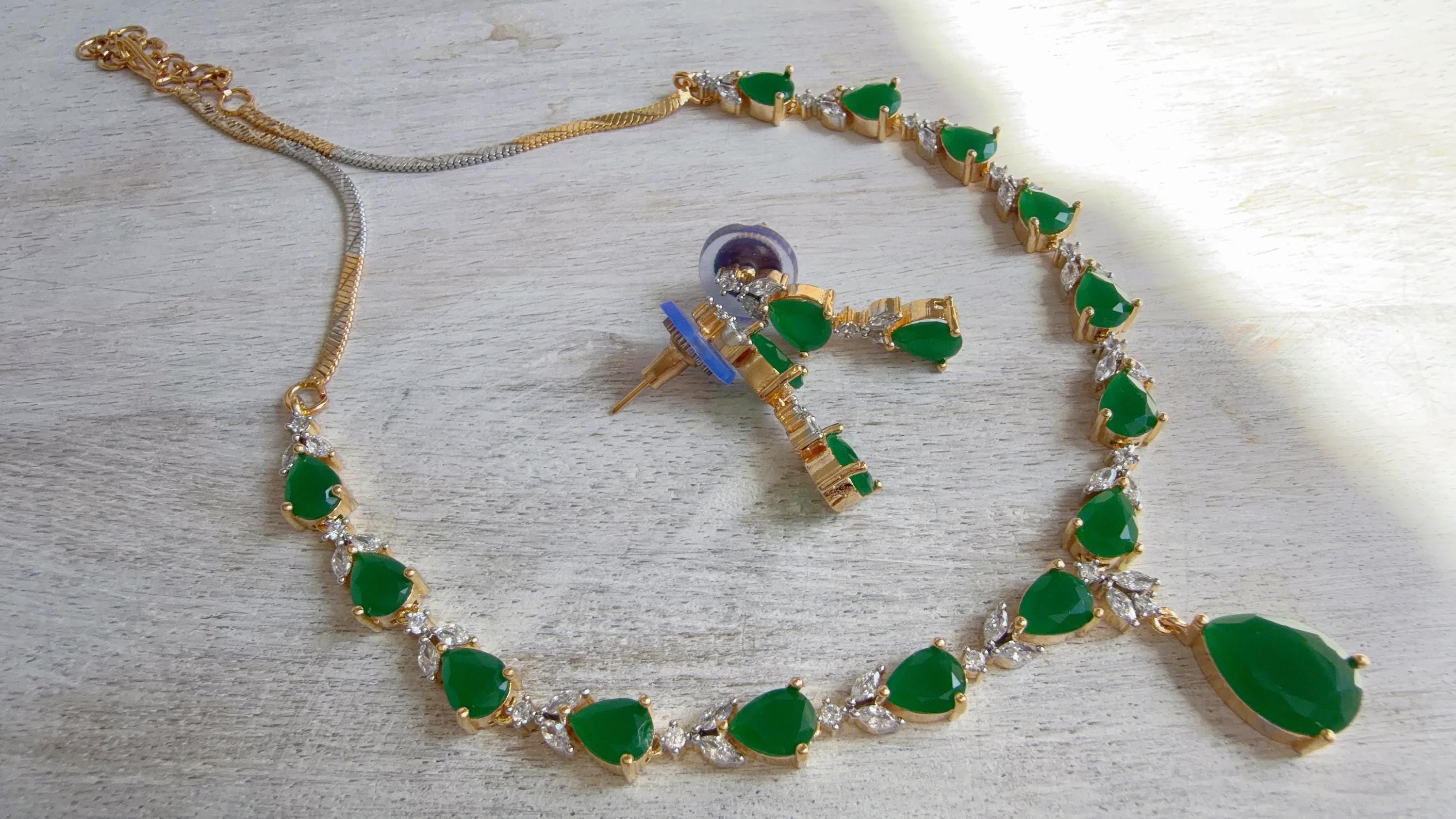 Gold Single Line Green Diamond Necklace | CZ Choker Necklace | Indian Jewelry | Modern Elegant Diamond Necklace | Bridal Party Wear - Shelly