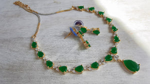 Gold Single Line Green Diamond Necklace | CZ Choker Necklace | Indian Jewelry | Modern Elegant Diamond Necklace | Bridal Party Wear - Shelly