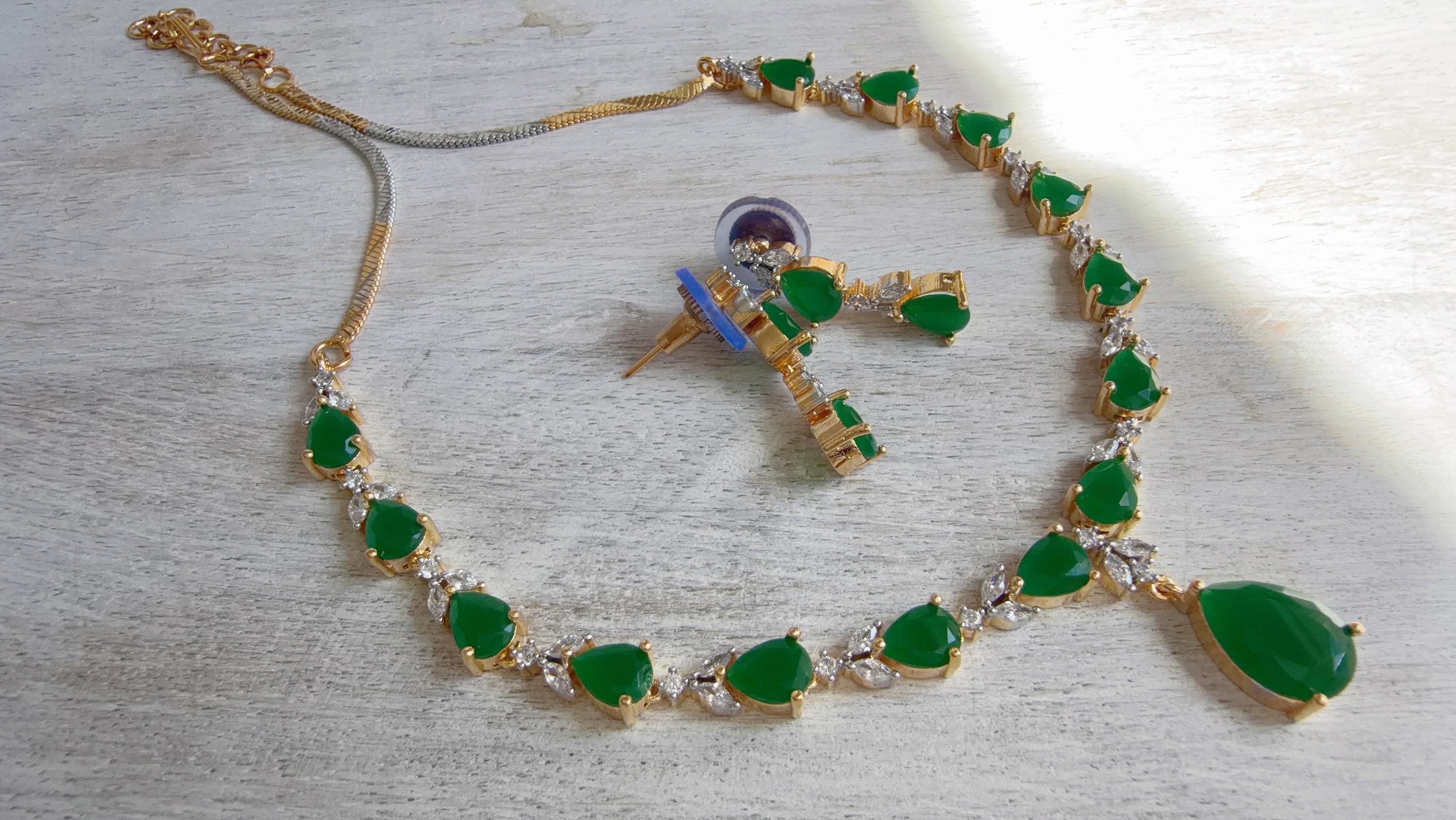 Gold Single Line Green Diamond Necklace | CZ Choker Necklace | Indian Jewelry | Modern Elegant Diamond Necklace | Bridal Party Wear - Shelly