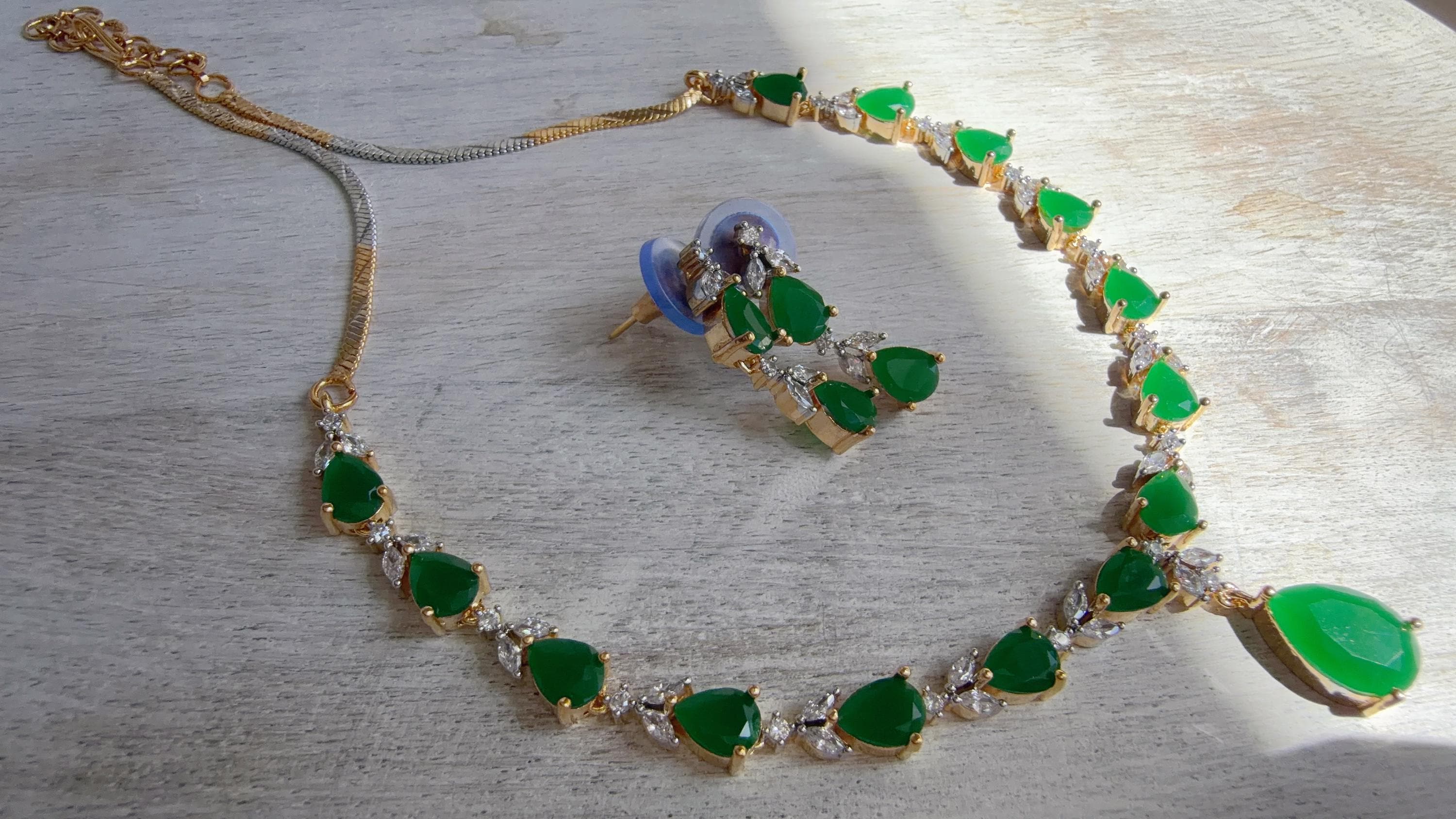 Gold Single Line Green Diamond Necklace | CZ Choker Necklace | Indian Jewelry | Modern Elegant Diamond Necklace | Bridal Party Wear - Shelly