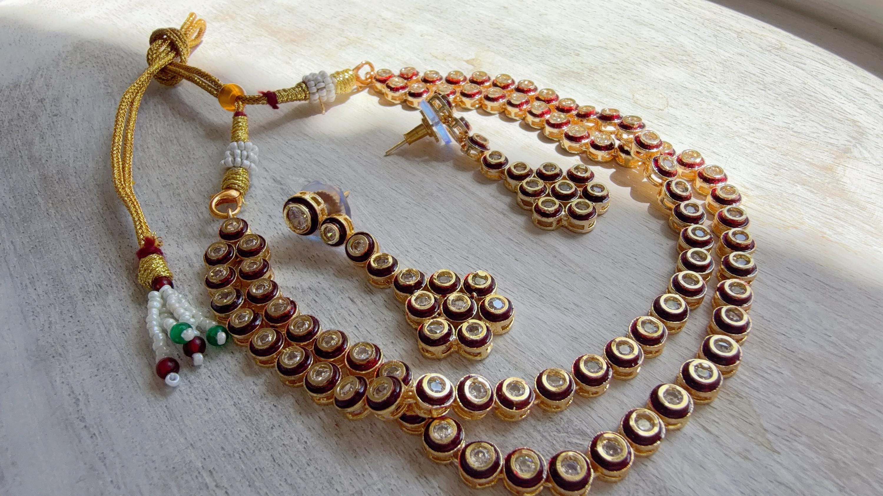 Polki Kundan Meena work Ruby Necklace Set with Earrings | Indian Bridal Wedding Necklace | Traditional Polki Necklace - Mehak
