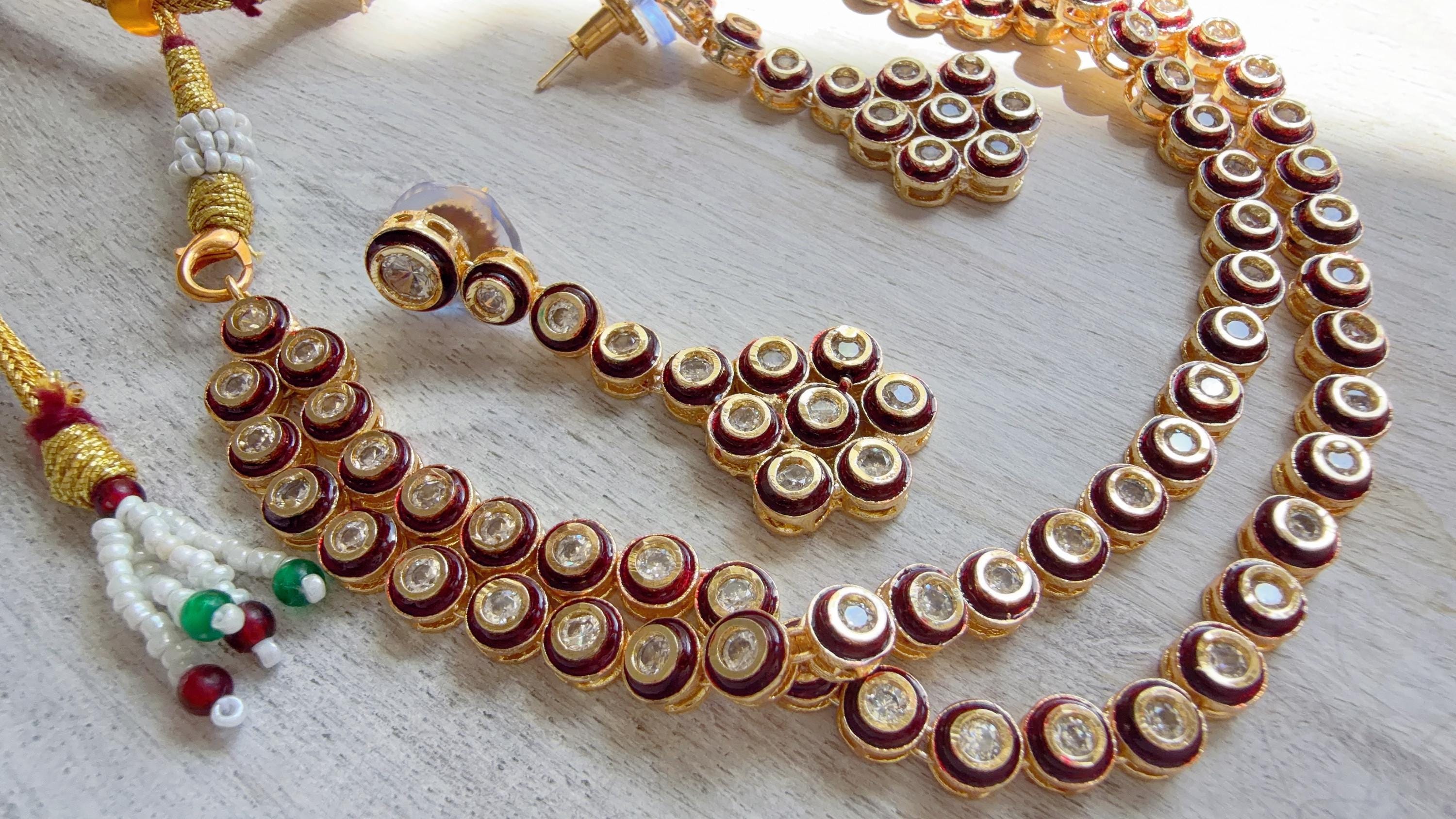 Polki Kundan Meena work Ruby Necklace Set with Earrings | Indian Bridal Wedding Necklace | Traditional Polki Necklace - Mehak