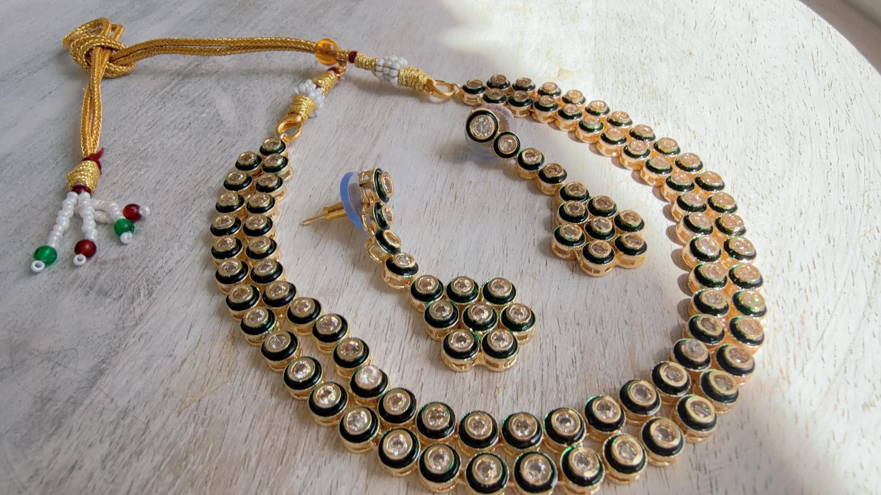 Polki Kundan Meena work Emerald Necklace Set with Earrings | Indian Bridal Wedding Necklace | Traditional Polki Necklace - Mehak