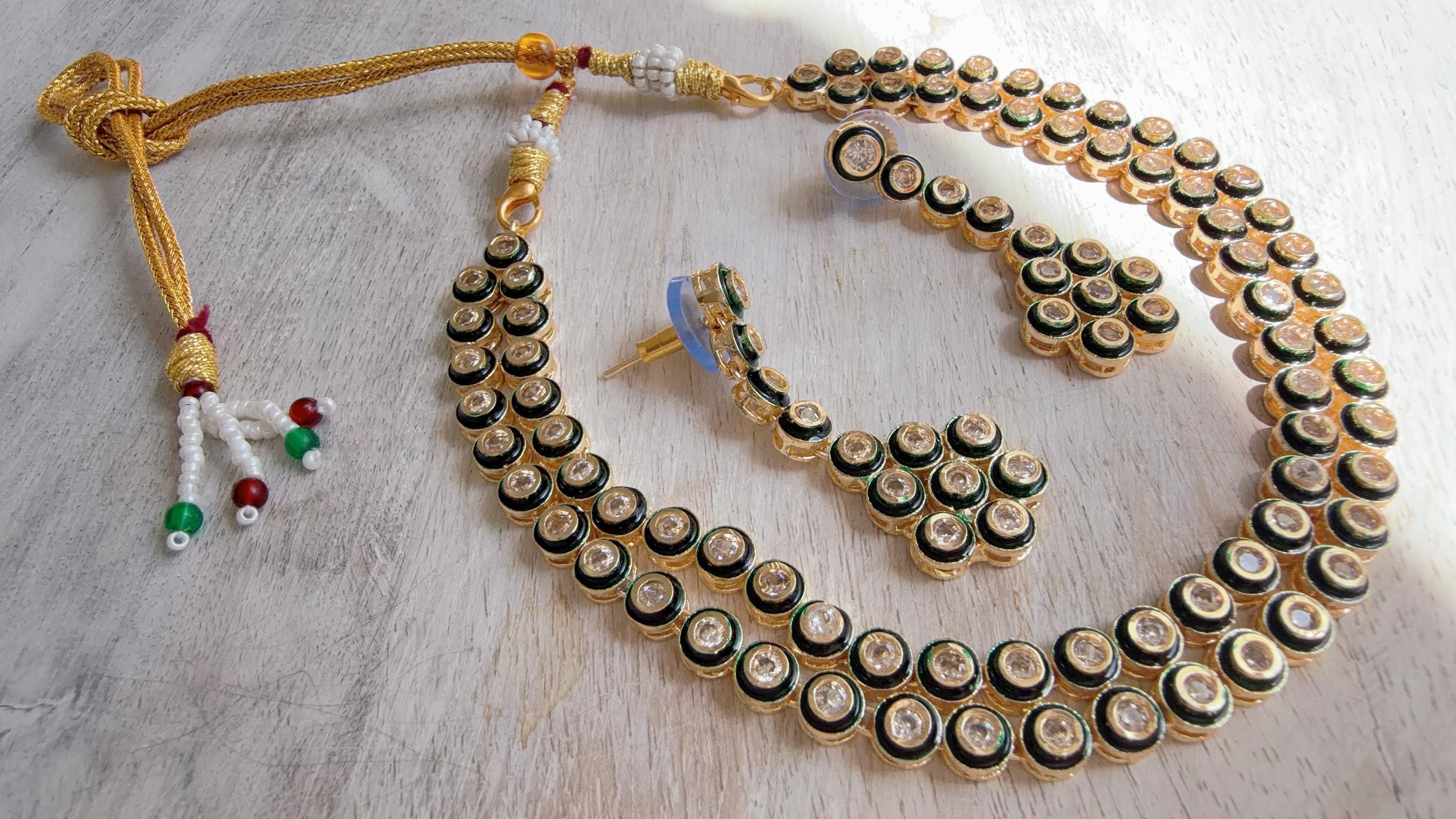 Polki Kundan Meena work Emerald Necklace Set with Earrings | Indian Bridal Wedding Necklace | Traditional Polki Necklace - Mehak