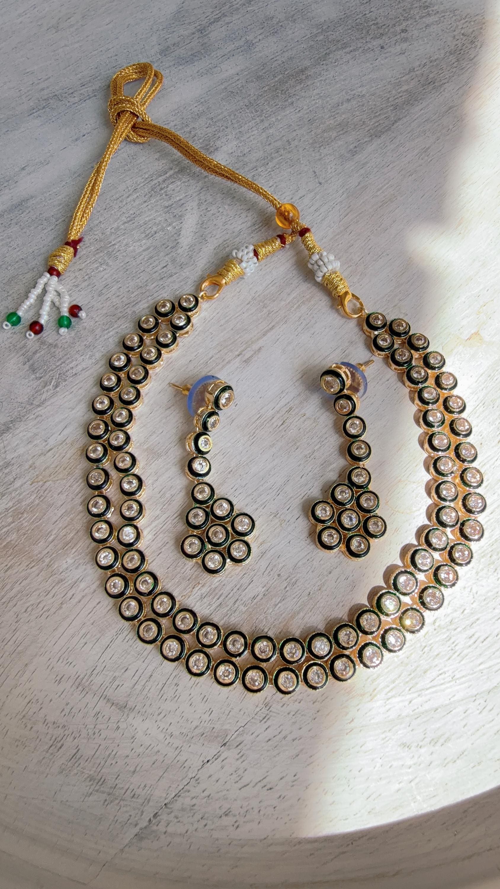 Polki Kundan Meena work Emerald Necklace Set with Earrings | Indian Bridal Wedding Necklace | Traditional Polki Necklace - Mehak