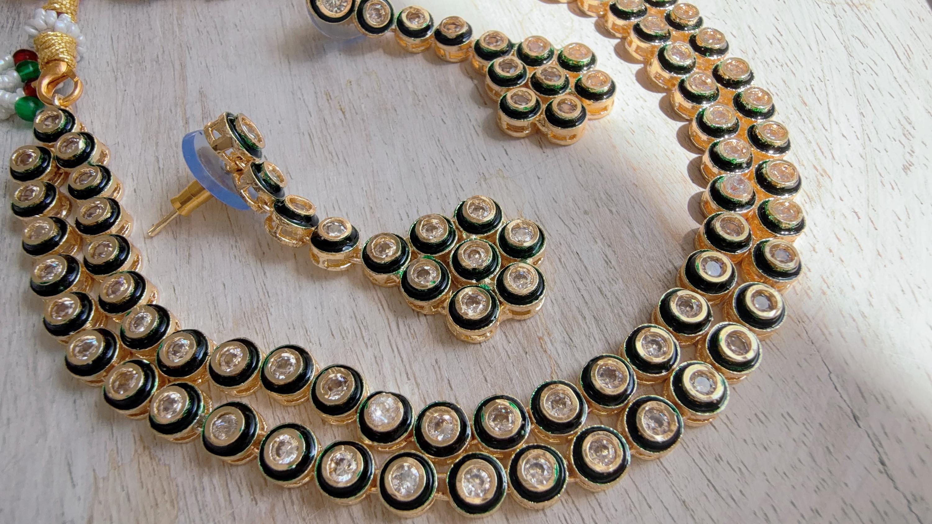 Polki Kundan Meena work Emerald Necklace Set with Earrings | Indian Bridal Wedding Necklace | Traditional Polki Necklace - Mehak