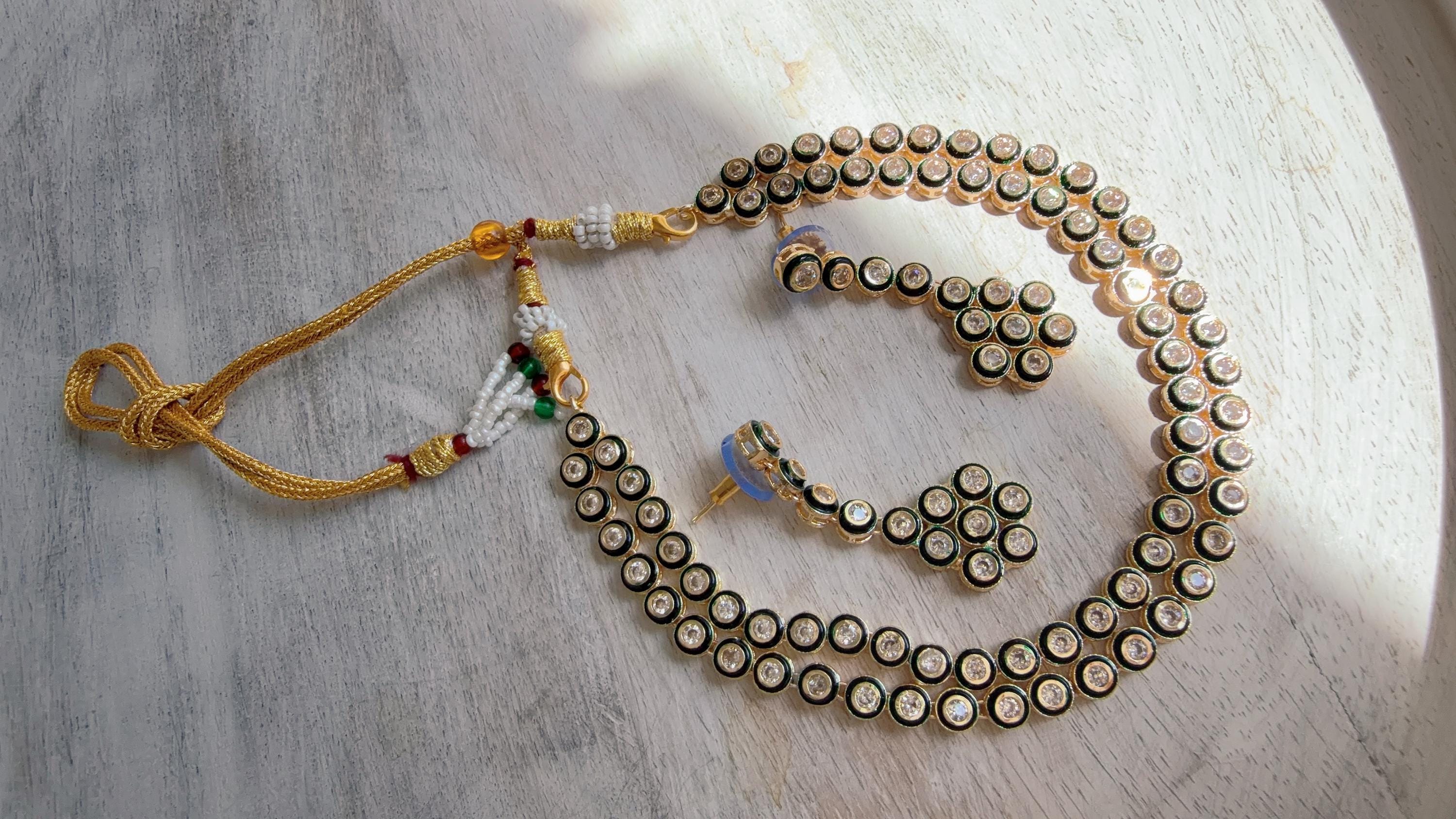 Polki Kundan Meena work Emerald Necklace Set with Earrings | Indian Bridal Wedding Necklace | Traditional Polki Necklace - Mehak