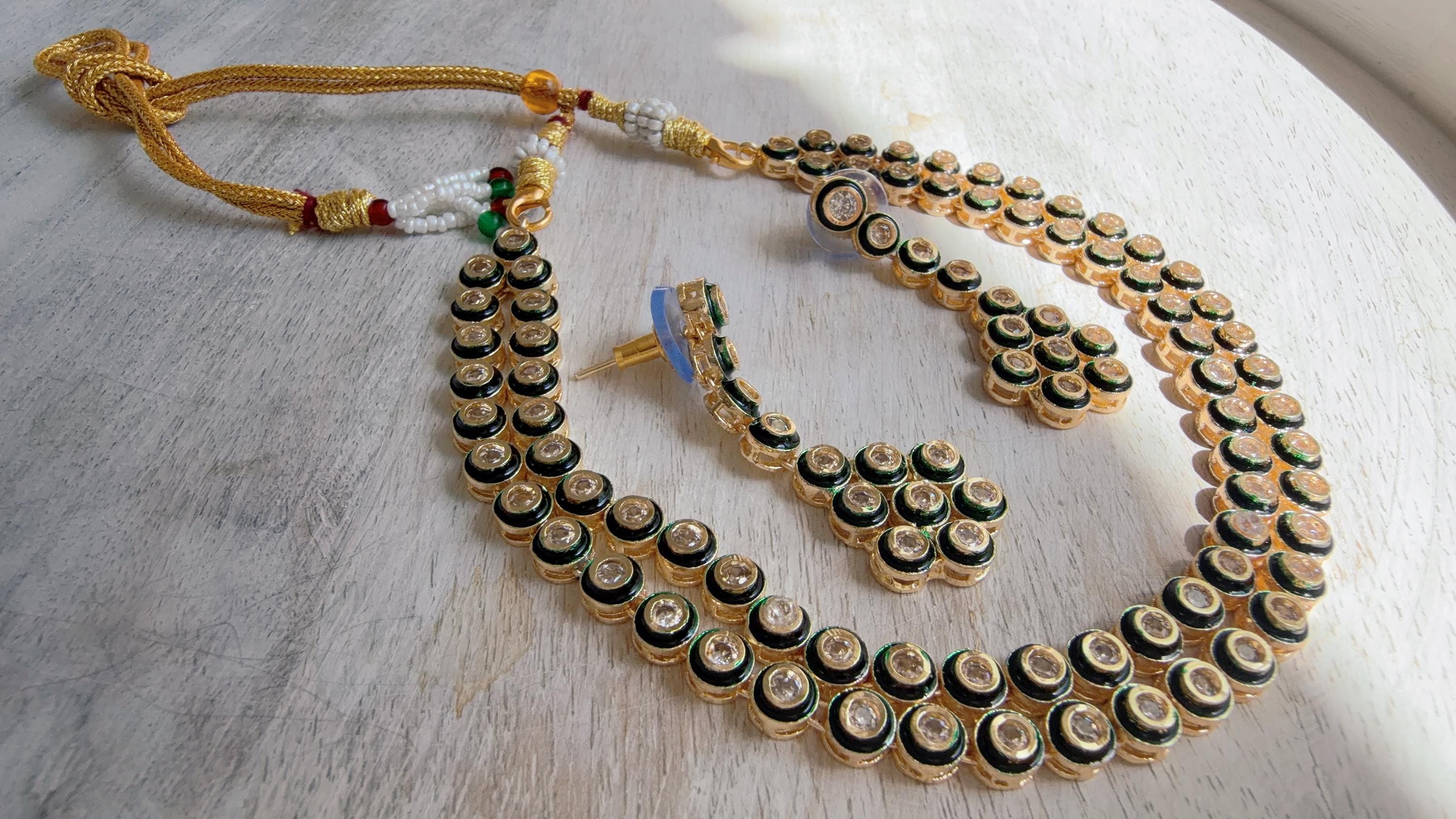 Polki Kundan Meena work Emerald Necklace Set with Earrings | Indian Bridal Wedding Necklace | Traditional Polki Necklace - Mehak