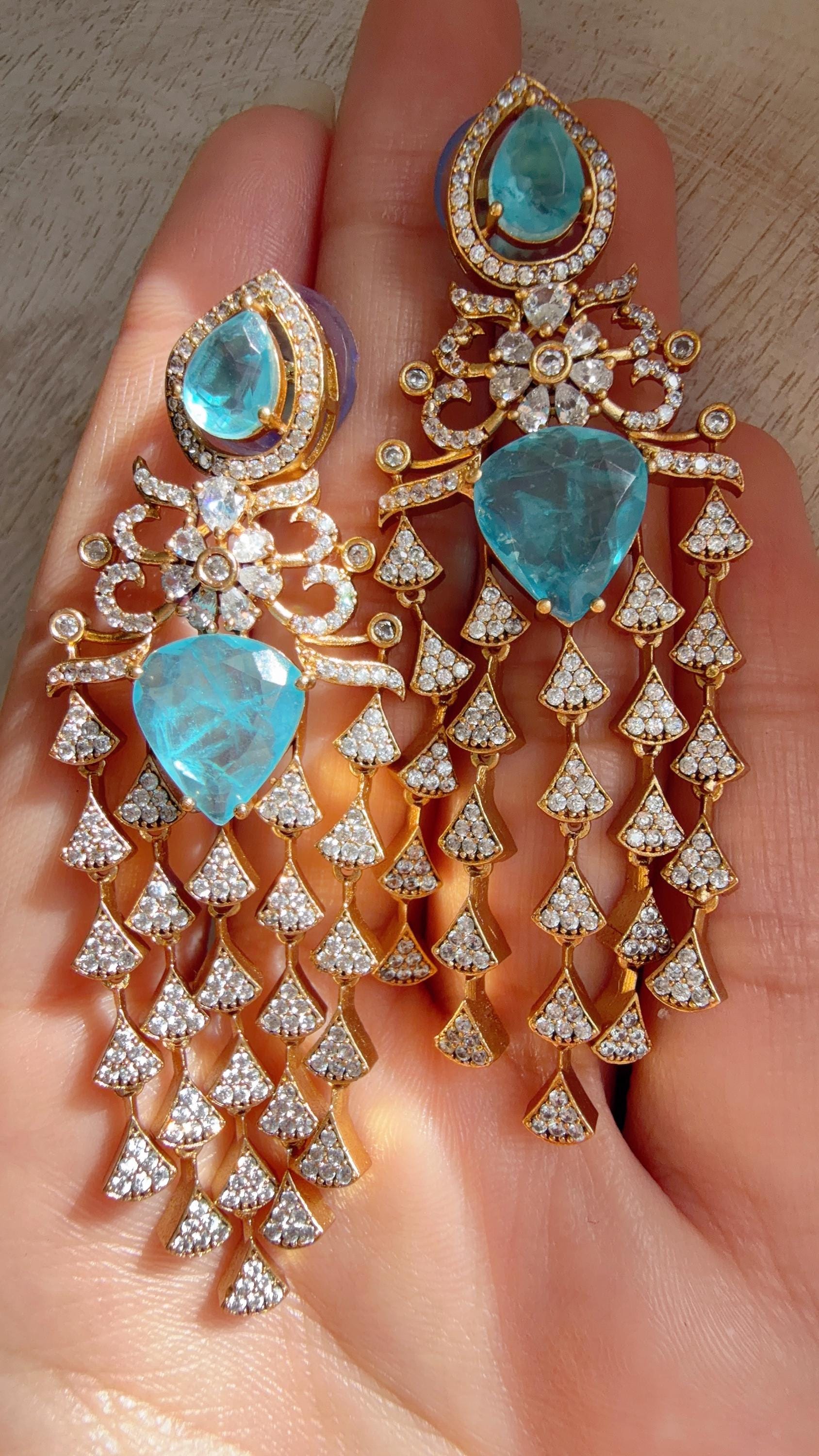 Moissanite kundan Firoza Earrings / American Diamond Earrings/ Statement doublet Danglers//Bridal Chandelier Earrings - Naina