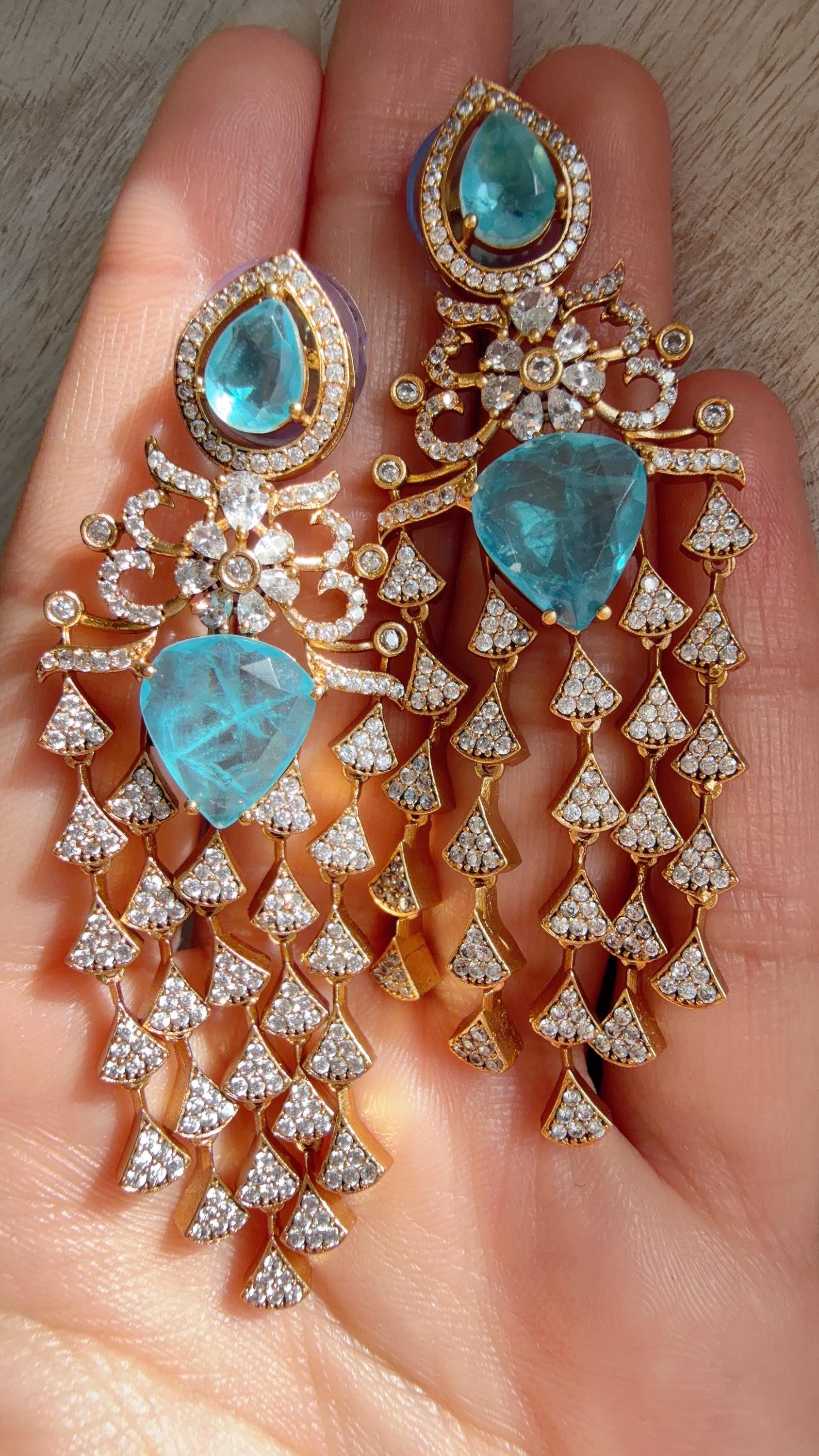 Moissanite kundan Firoza Earrings / American Diamond Earrings/ Statement doublet Danglers//Bridal Chandelier Earrings - Naina