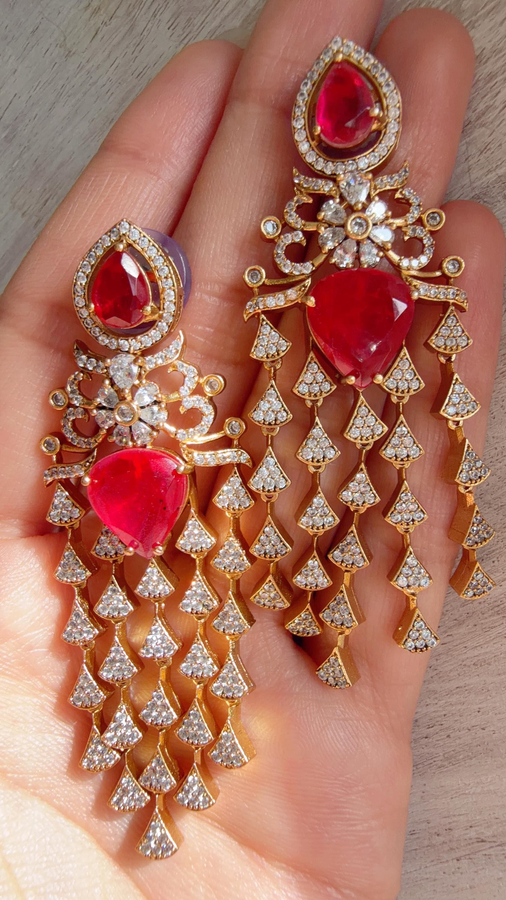 Moissanite kundan Ruby Earrings / American Diamond Earrings/ Statement doublet Danglers//Bridal Chandelier Earrings - Naina