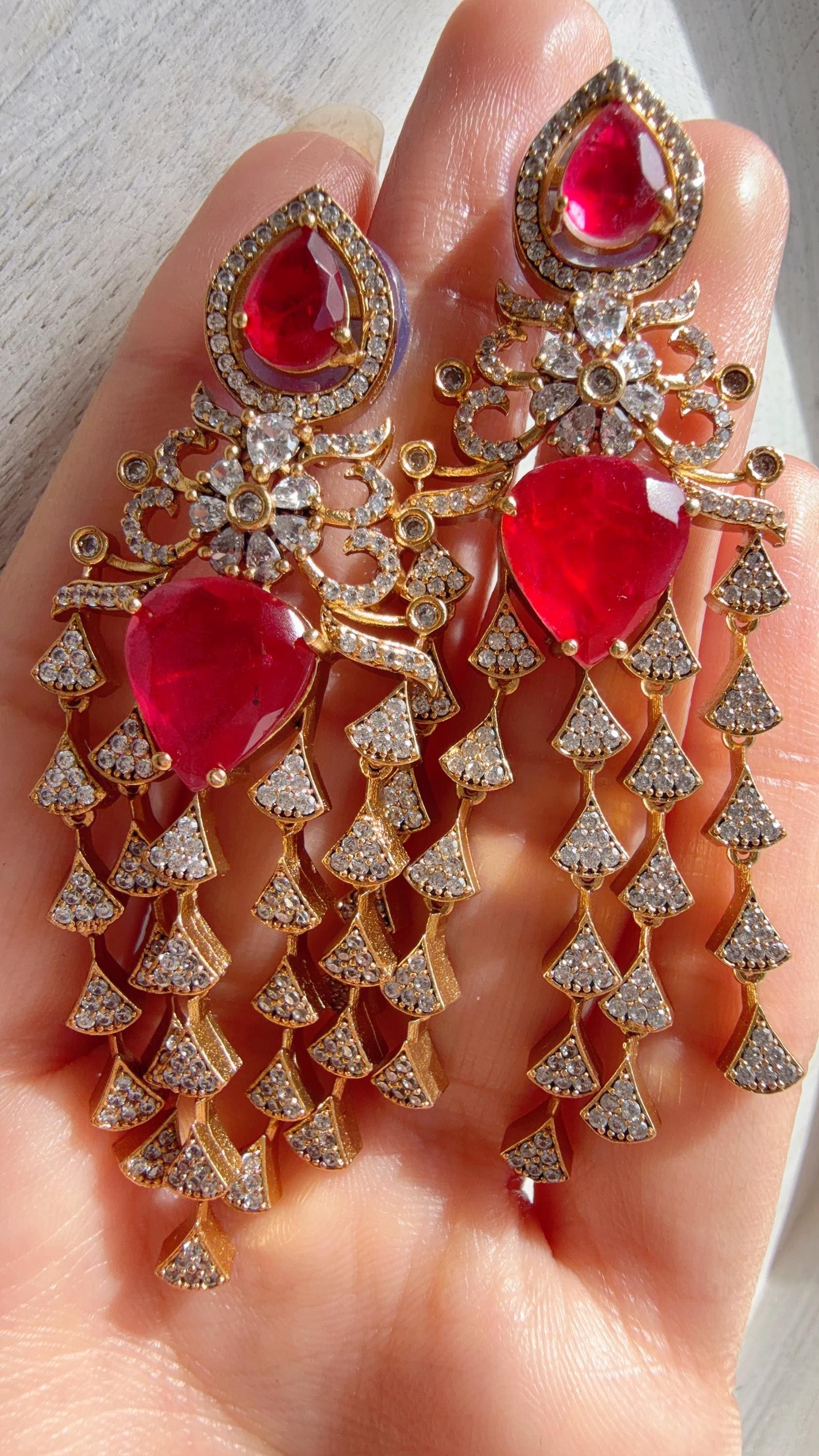 Moissanite kundan Ruby Earrings / American Diamond Earrings/ Statement doublet Danglers//Bridal Chandelier Earrings - Naina