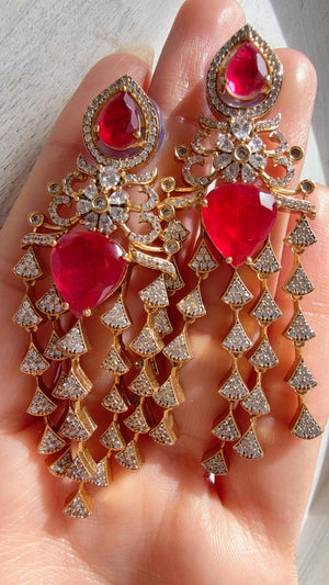 Moissanite kundan Ruby Earrings / American Diamond Earrings/ Statement doublet Danglers//Bridal Chandelier Earrings - Naina