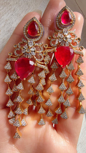 Moissanite kundan Ruby Earrings / American Diamond Earrings/ Statement doublet Danglers//Bridal Chandelier Earrings - Naina