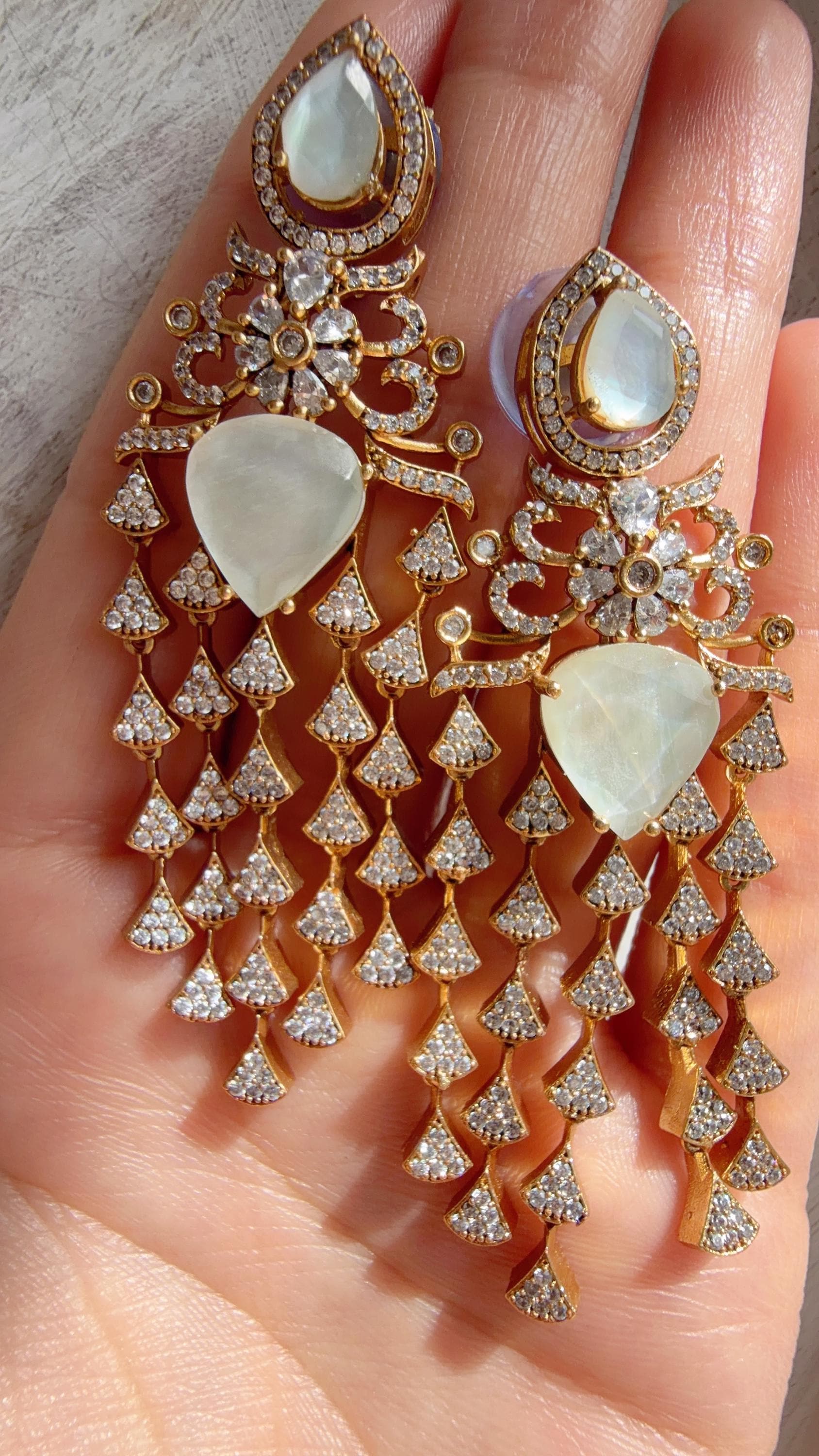 Moissanite kundan Earrings / American Diamond Earrings/ Statement doublet Danglers//Bridal Chandelier Earrings - Naina