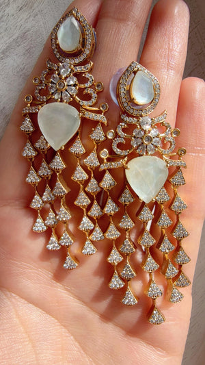 Moissanite kundan Earrings / American Diamond Earrings/ Statement doublet Danglers//Bridal Chandelier Earrings - Naina