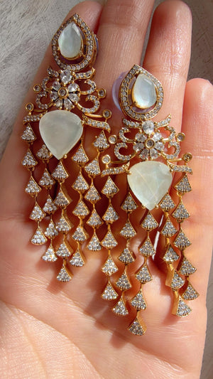 Moissanite kundan Earrings / American Diamond Earrings/ Statement doublet Danglers//Bridal Chandelier Earrings - Naina