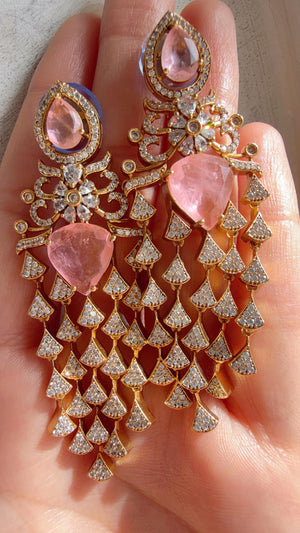 Moissanite kundan Baby Pink Earrings / American Diamond Earrings/ Statement doublet Danglers//Bridal Chandelier Earrings - Naina