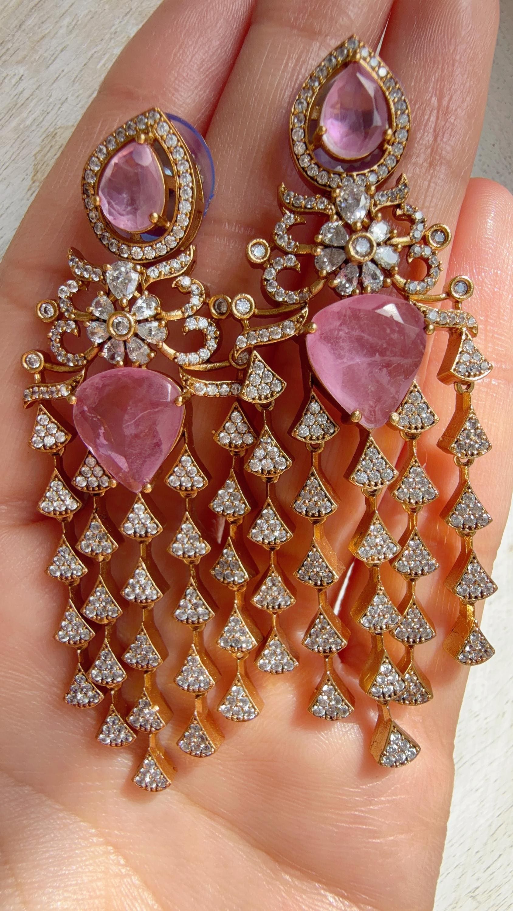 Moissanite kundan Pink Earrings / American Diamond Earrings/ Statement doublet Danglers//Bridal Chandelier Earrings - Naina
