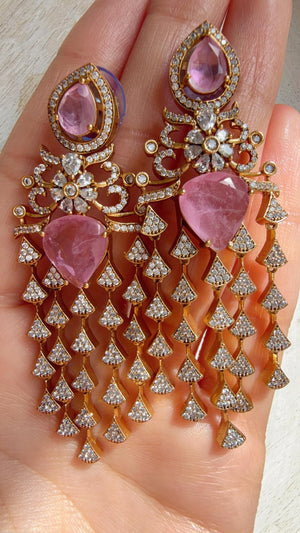Moissanite kundan Pink Earrings / American Diamond Earrings/ Statement doublet Danglers//Bridal Chandelier Earrings - Naina