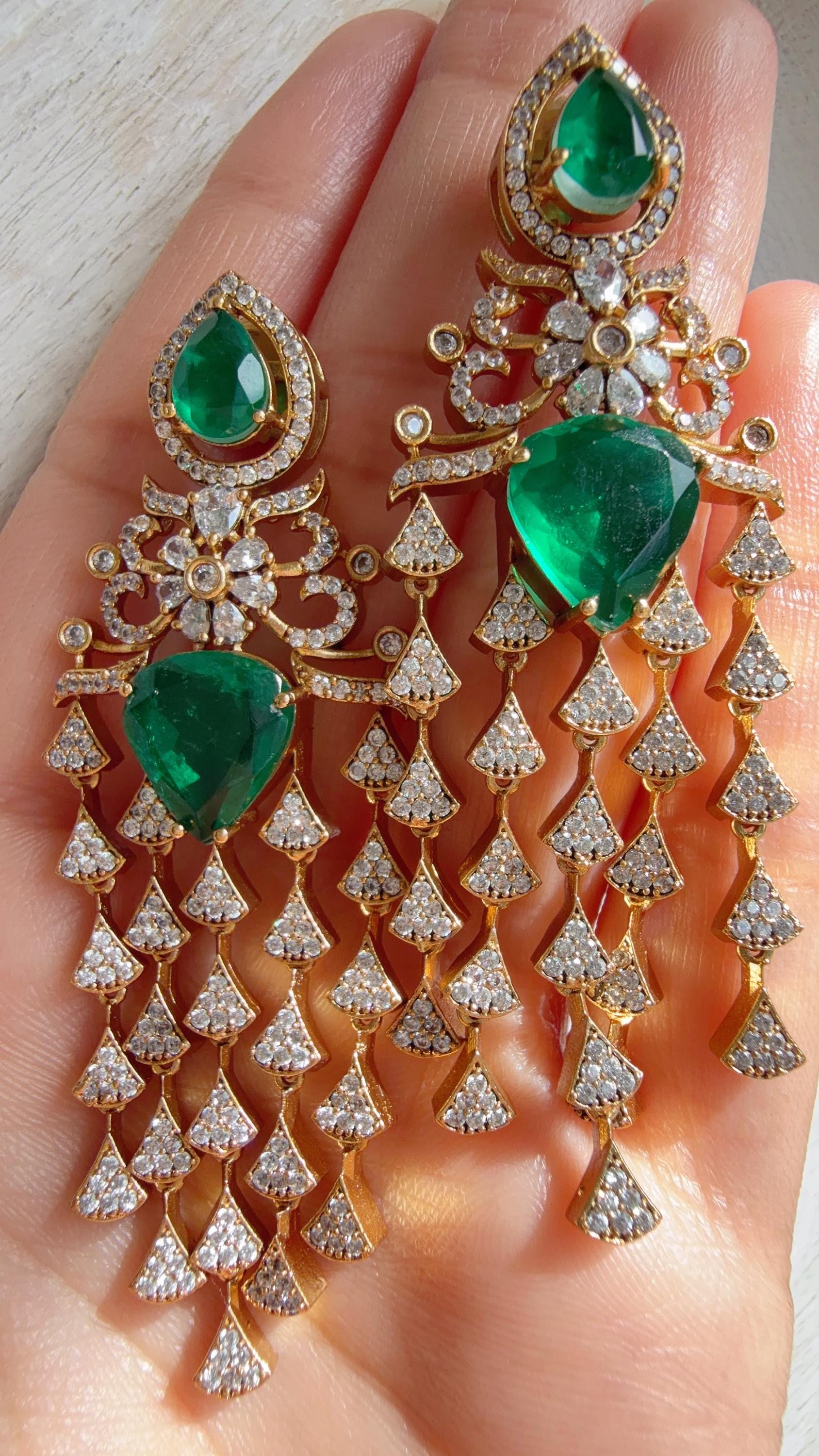 Moissanite kundan Green Earrings / American Diamond Earrings/ Statement doublet Danglers//Bridal Chandelier Earrings - Naina