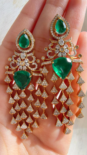 Moissanite kundan Green Earrings / American Diamond Earrings/ Statement doublet Danglers//Bridal Chandelier Earrings - Naina