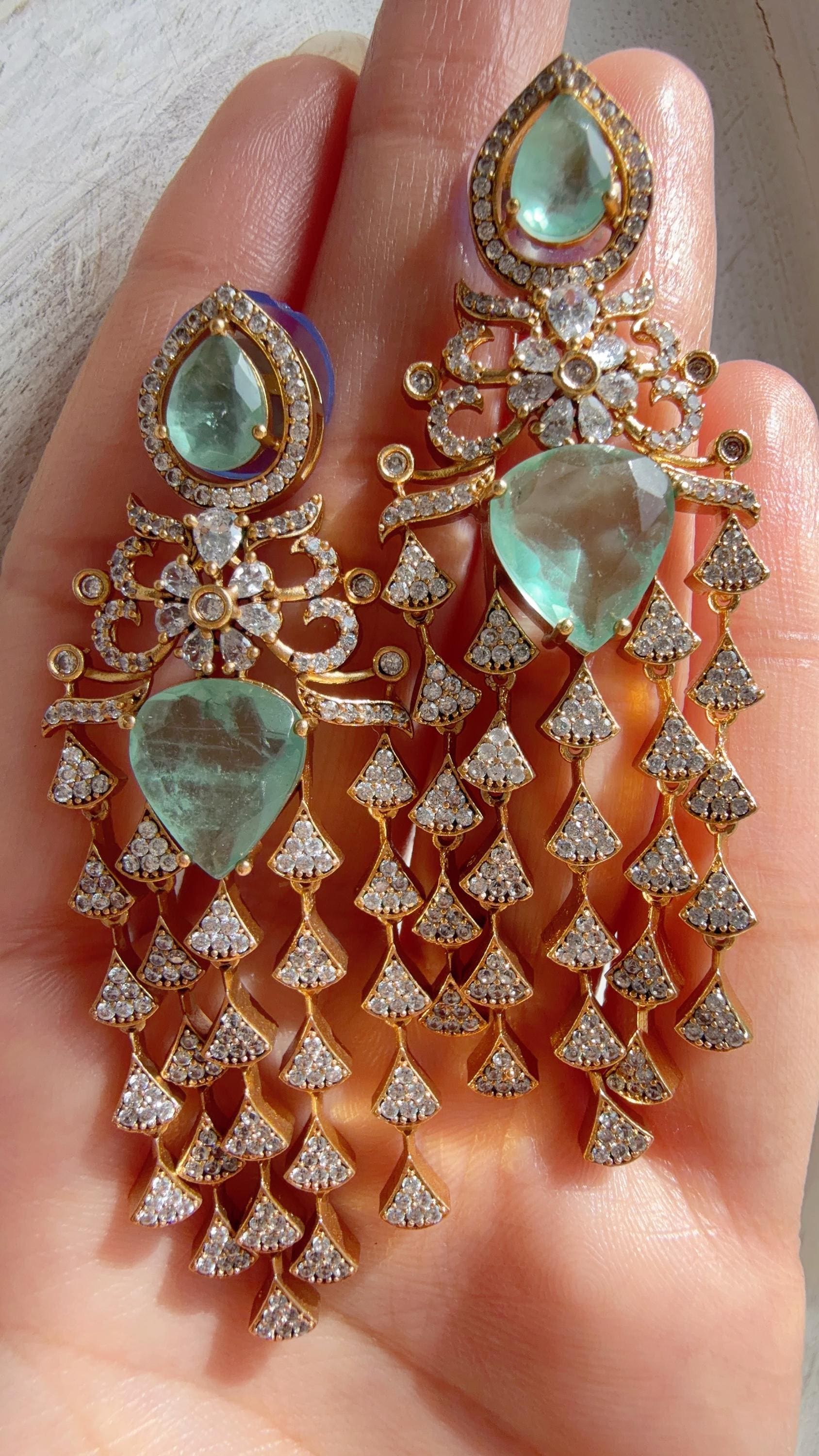 Moissanite kundan Mint Earrings / American Diamond Earrings/ Statement doublet Danglers//Bridal Chandelier Earrings - Naina