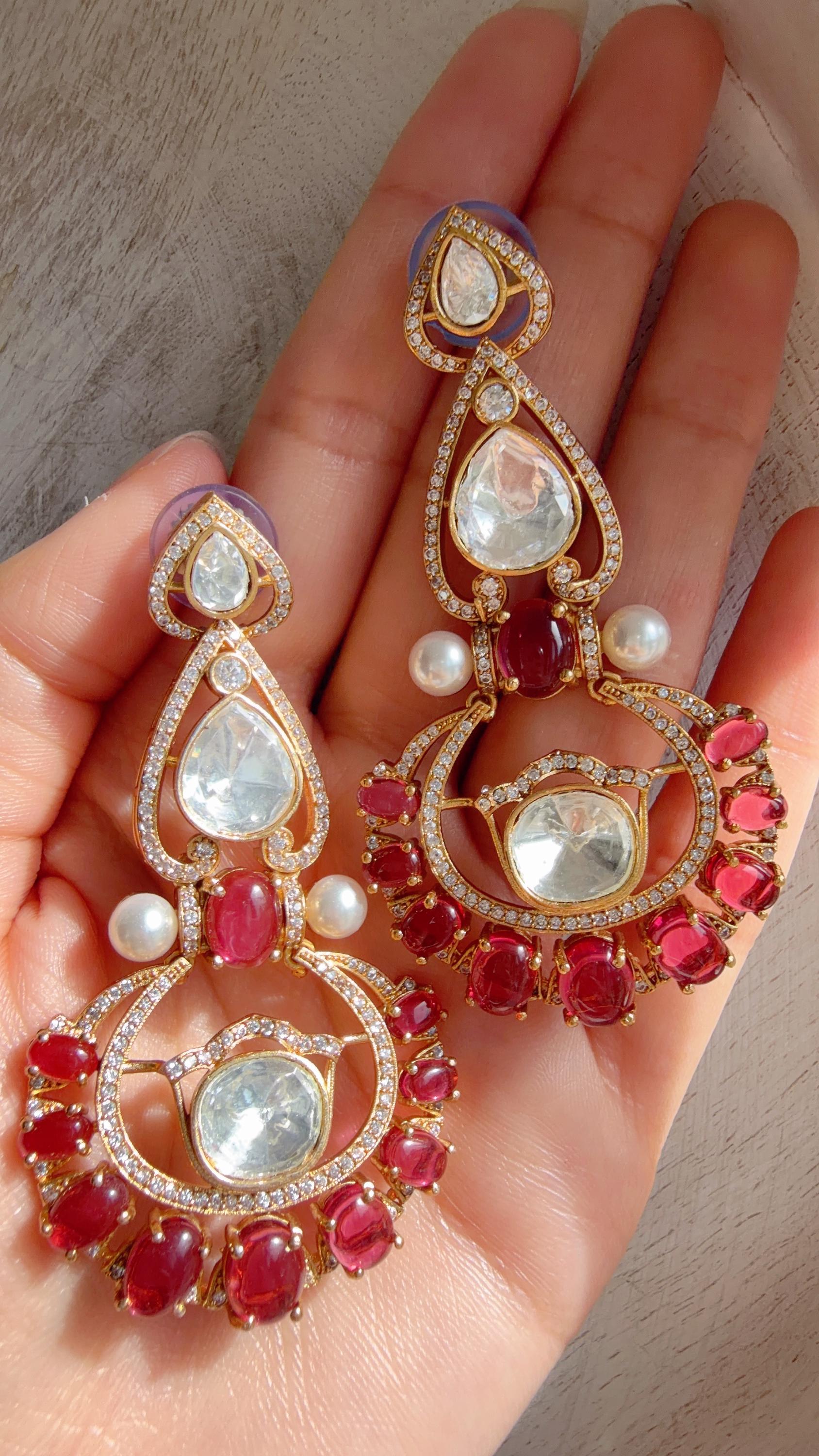 Moissanite kundan Ruby Earrings / American Diamond chandbali Earrings/ Statement Leopard Danglers//Bridal Chandelier Earrings/Pia