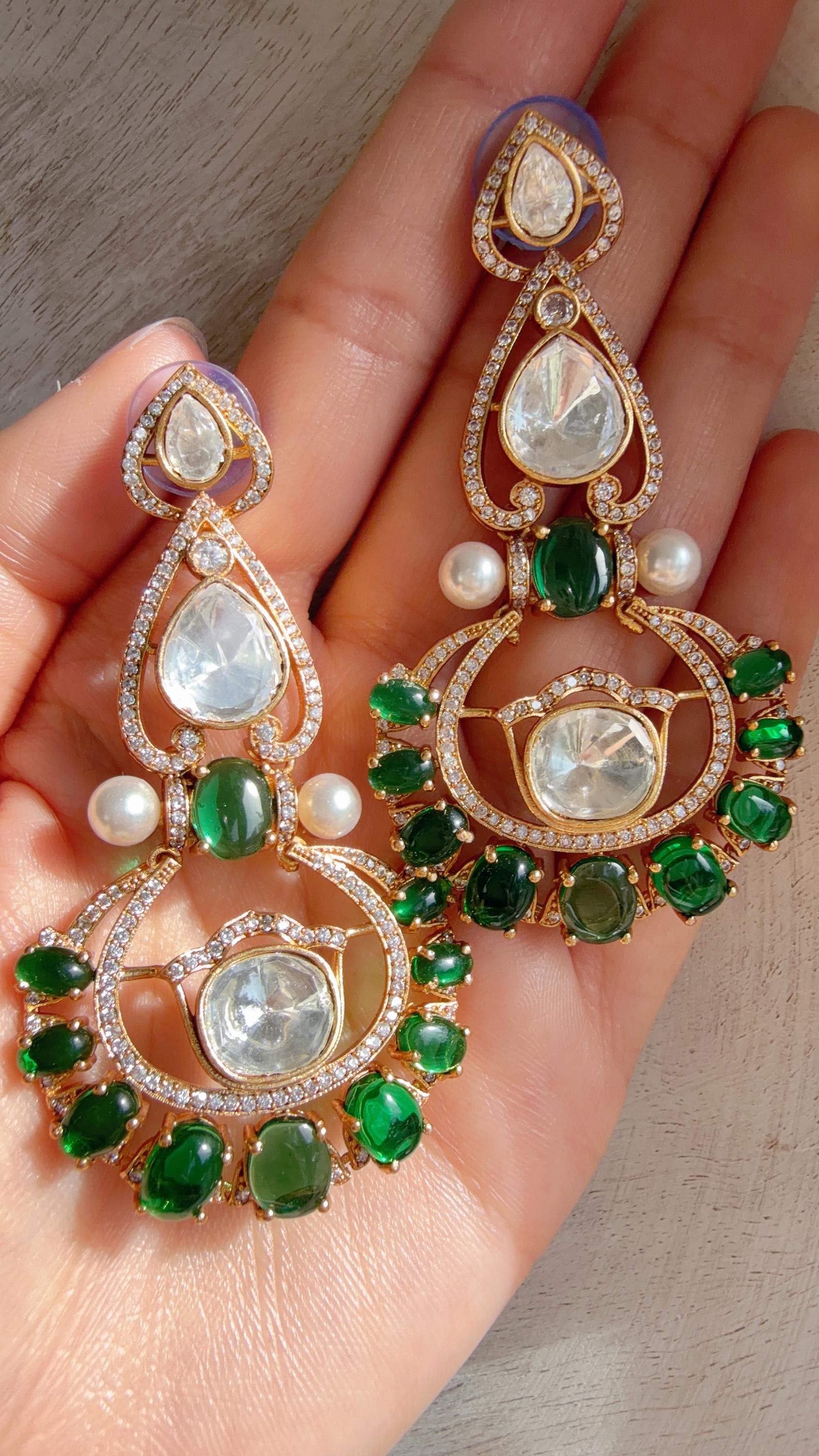 Moissanite kundan Green Earrings / American Diamond chandbali Earrings/ Statement Leopard Danglers//Bridal Chandelier Earrings/Pia
