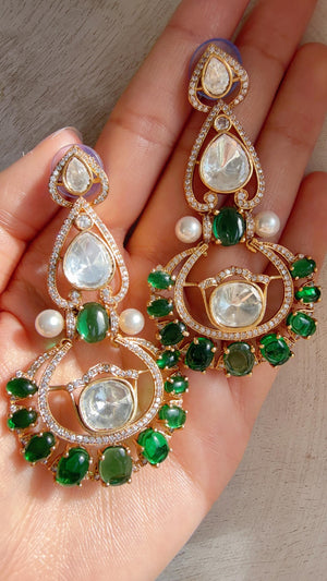 Moissanite kundan Green Earrings / American Diamond chandbali Earrings/ Statement Leopard Danglers//Bridal Chandelier Earrings/Pia