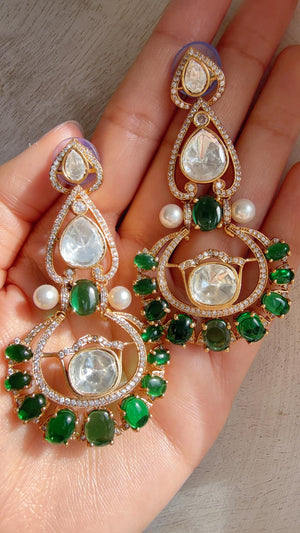 Moissanite kundan Green Earrings / American Diamond chandbali Earrings/ Statement Leopard Danglers//Bridal Chandelier Earrings/Pia