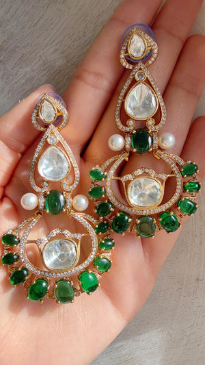 Moissanite kundan Green Earrings / American Diamond chandbali Earrings/ Statement Leopard Danglers//Bridal Chandelier Earrings/Pia