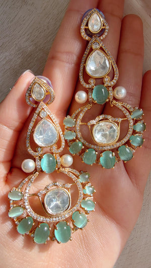 Moissanite kundan Mint Earrings / American Diamond chandbali Earrings/ Statement Leopard Danglers//Bridal Chandelier Earrings/Pia